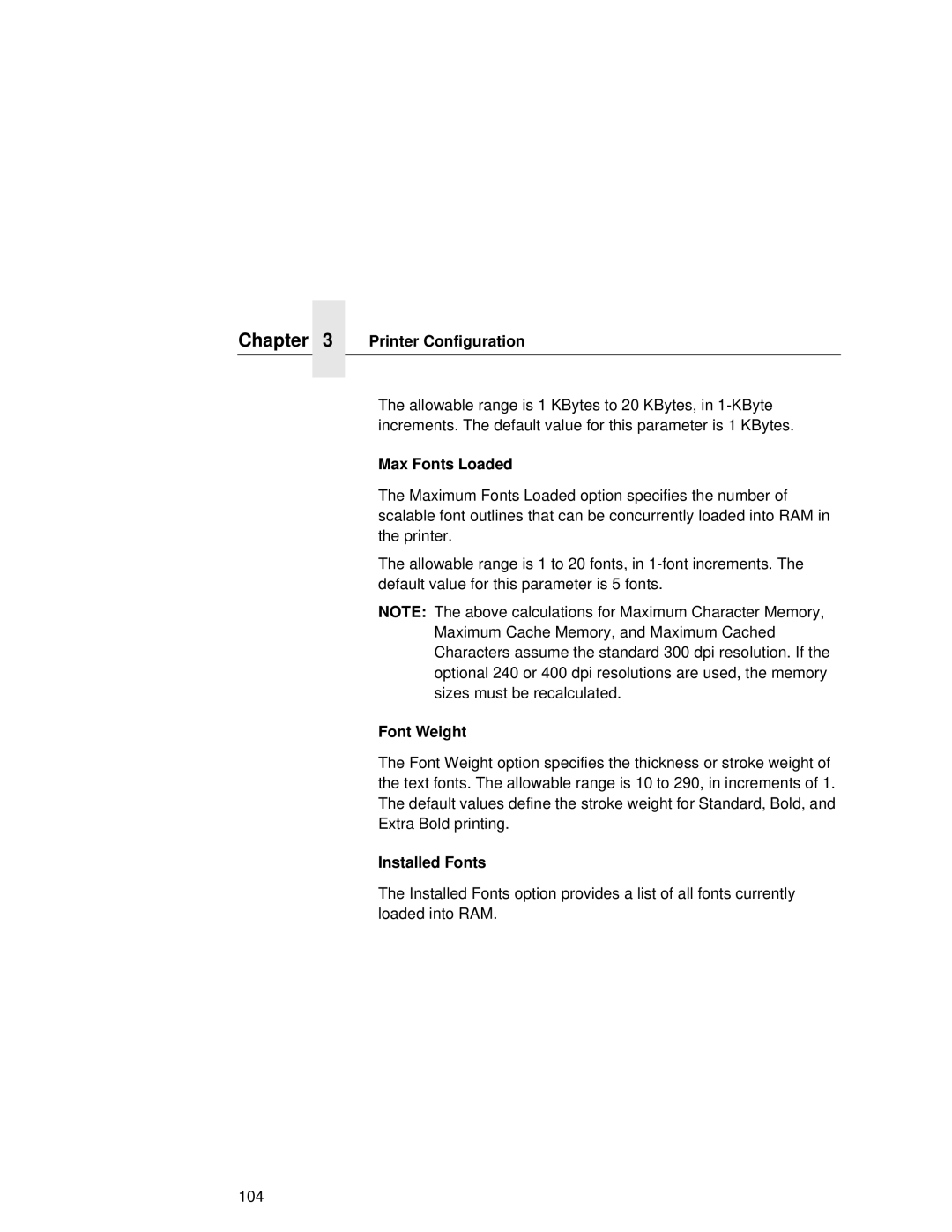 Printronix L5035 user manual Max Fonts Loaded, Font Weight, Installed Fonts 