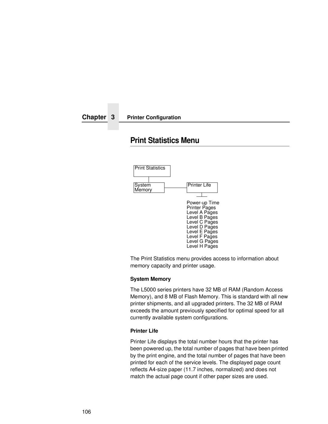 Printronix L5035 user manual Print Statistics Menu, System Memory, Printer Life 