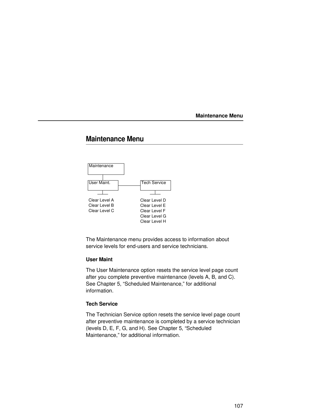 Printronix L5035 user manual Maintenance Menu, User Maint, Tech Service 