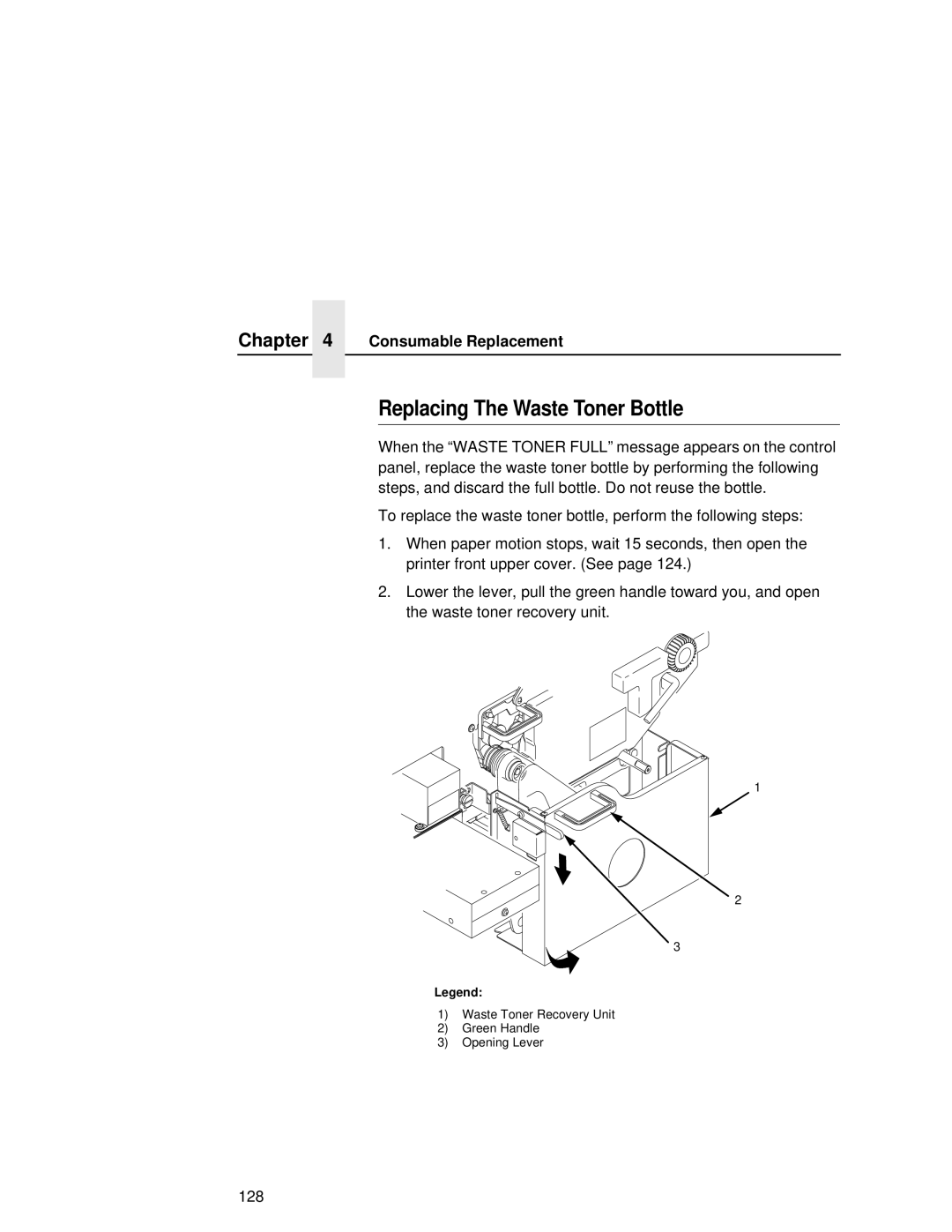 Printronix L5035 user manual Replacing The Waste Toner Bottle 