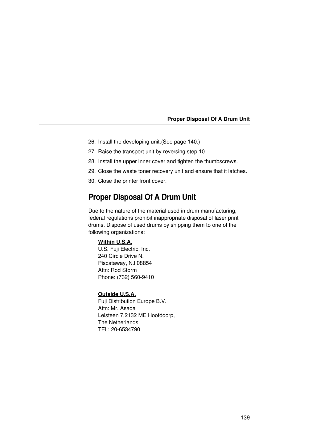 Printronix L5035 user manual Proper Disposal Of a Drum Unit, Within U.S.A, Outside U.S.A 