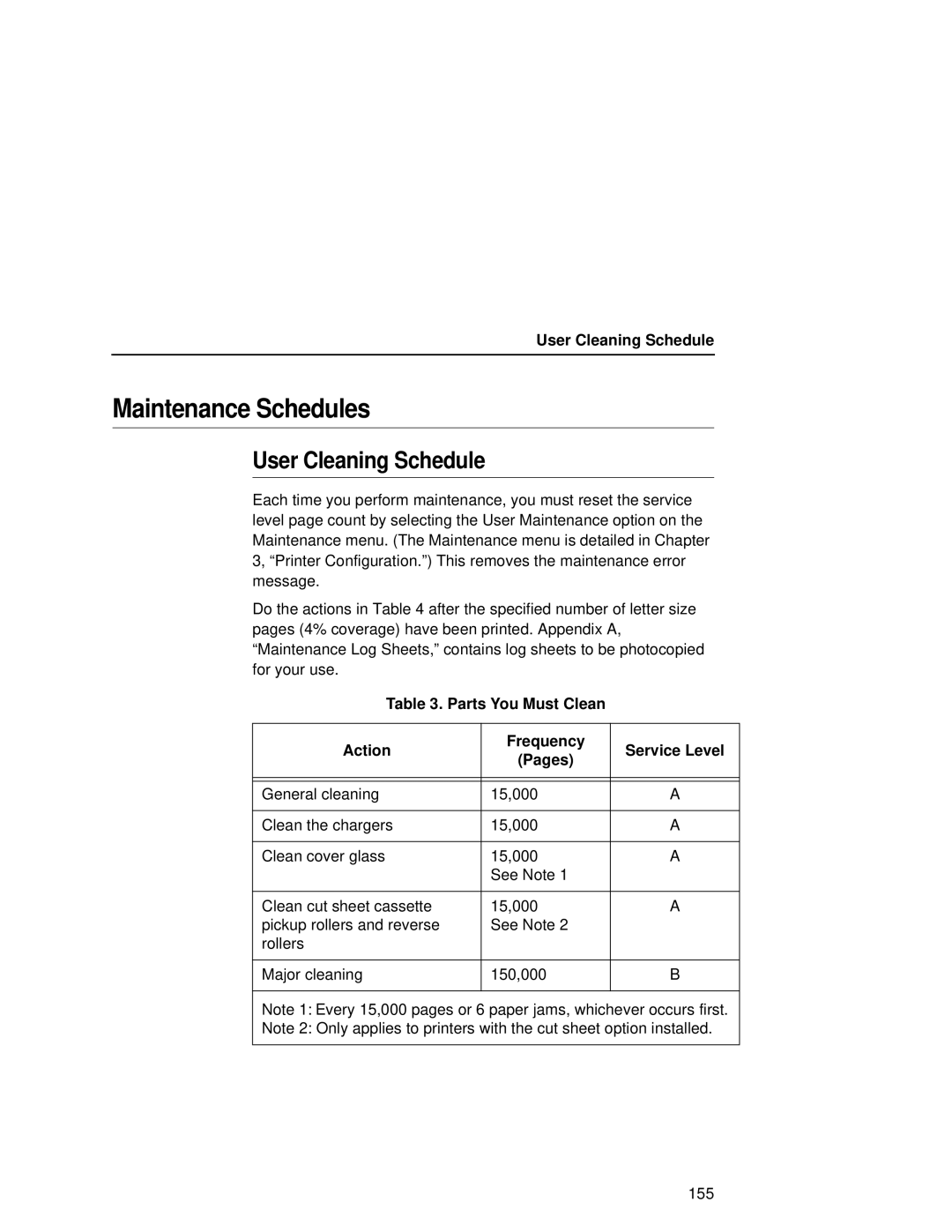 Printronix L5035 Maintenance Schedules, User Cleaning Schedule, Parts You Must Clean Action Frequency Service Level Pages 