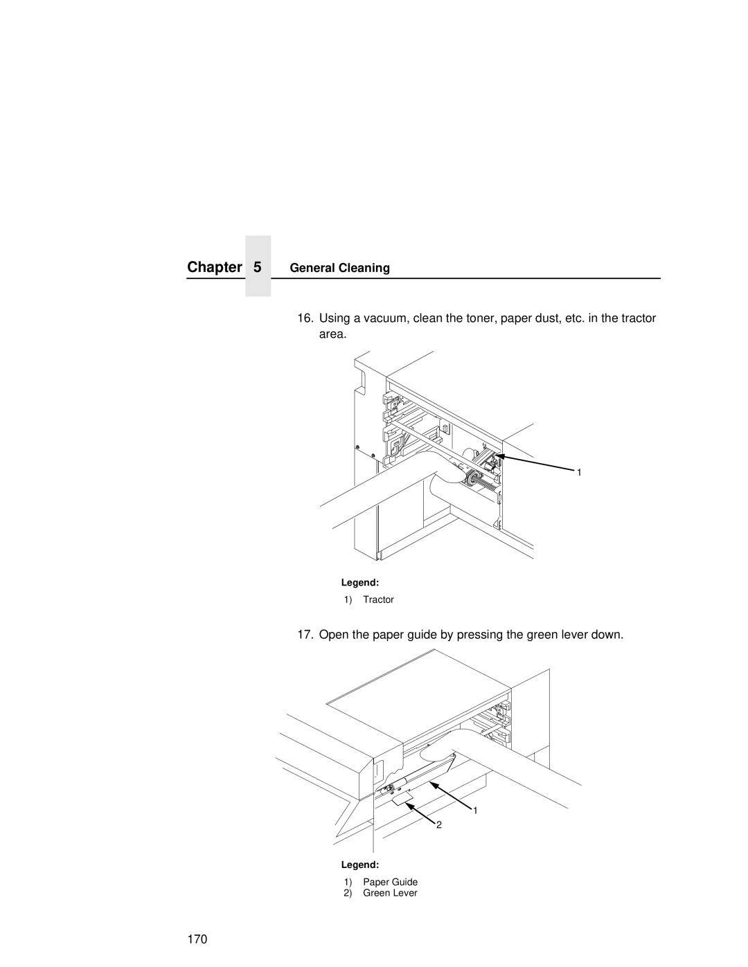 Printronix L5035 user manual Open the paper guide by pressing the green lever down 