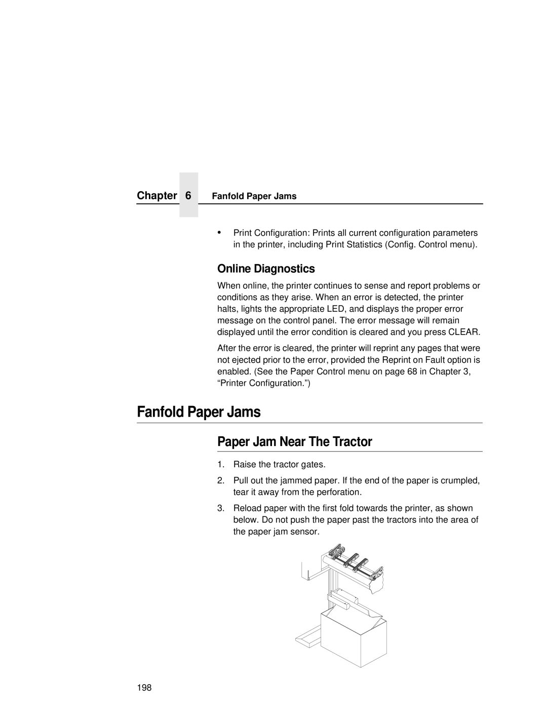 Printronix L5035 user manual Fanfold Paper Jams, Paper Jam Near The Tractor, Online Diagnostics 