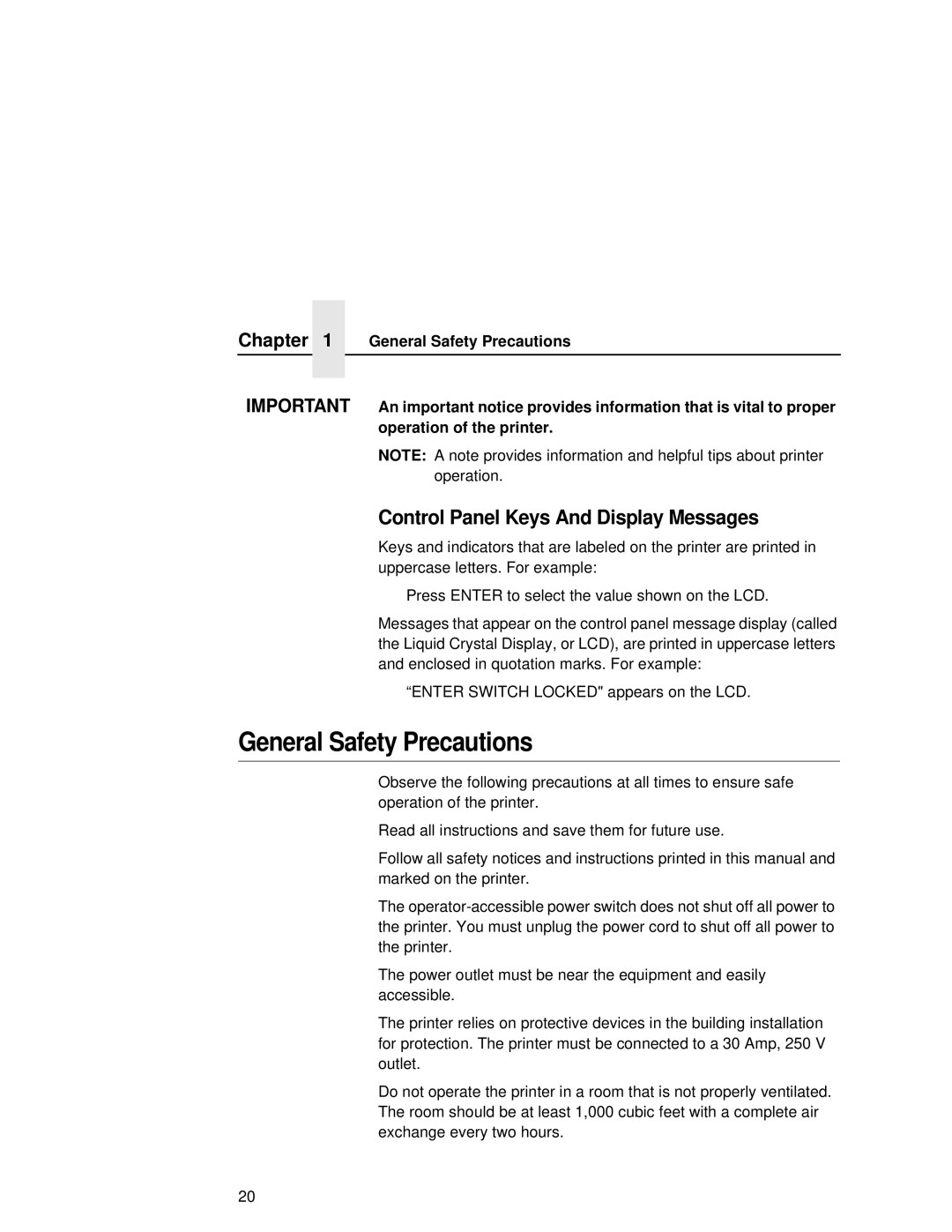 Printronix L5035 user manual General Safety Precautions, Control Panel Keys And Display Messages 