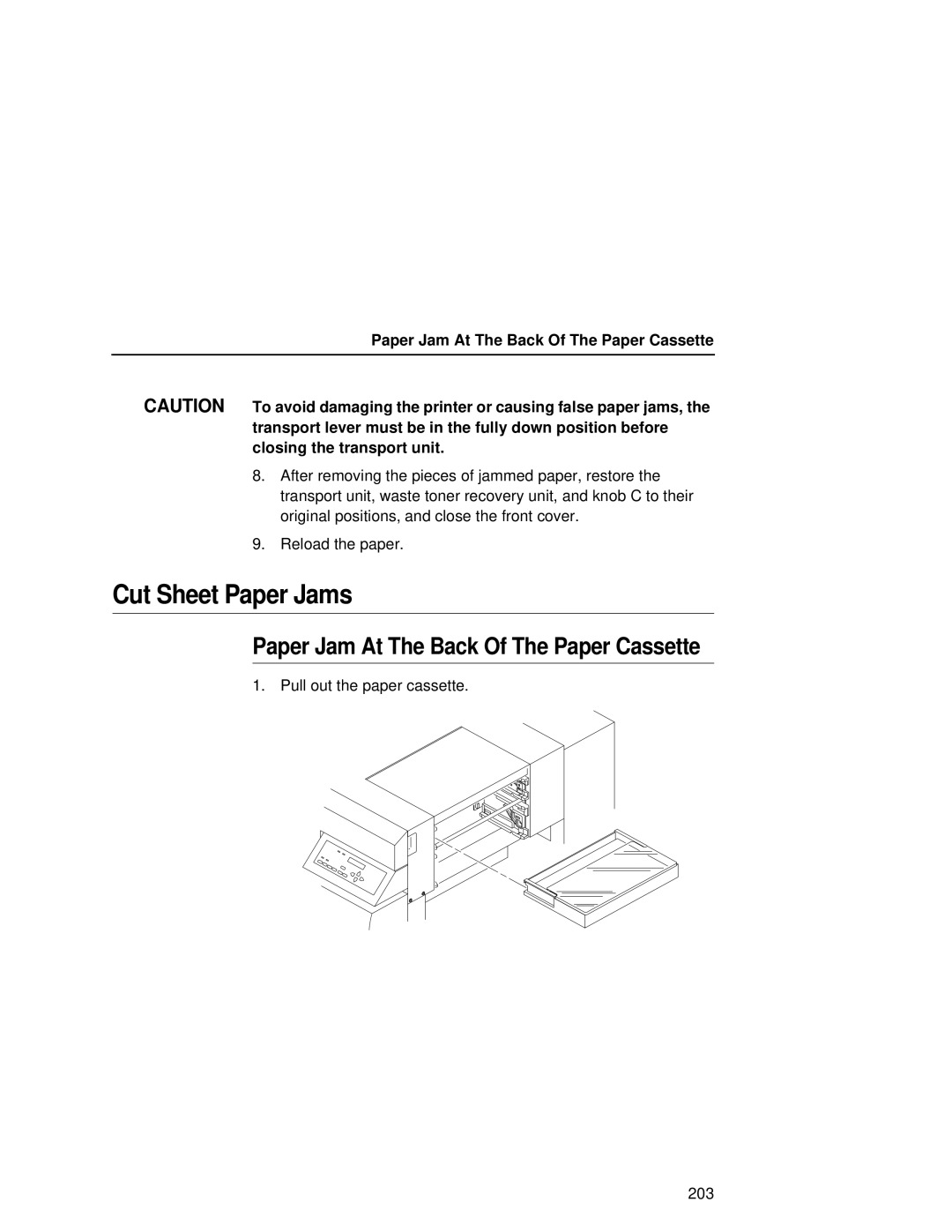 Printronix L5035 user manual Cut Sheet Paper Jams, Paper Jam At The Back Of The Paper Cassette 