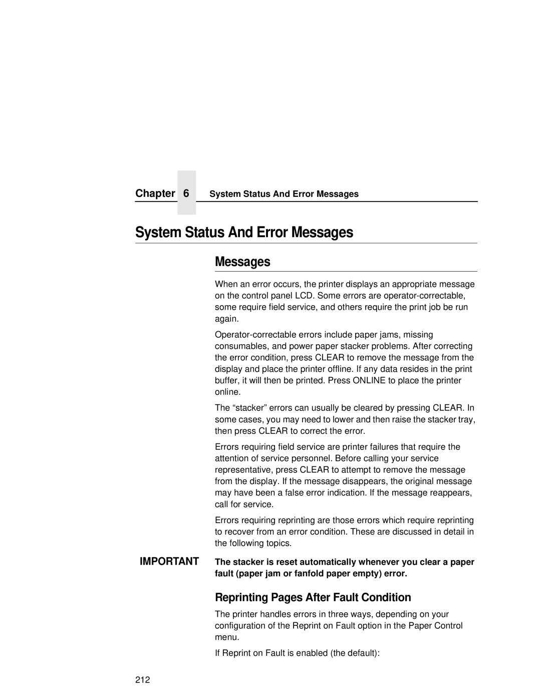 Printronix L5035 user manual System Status And Error Messages, Reprinting Pages After Fault Condition 