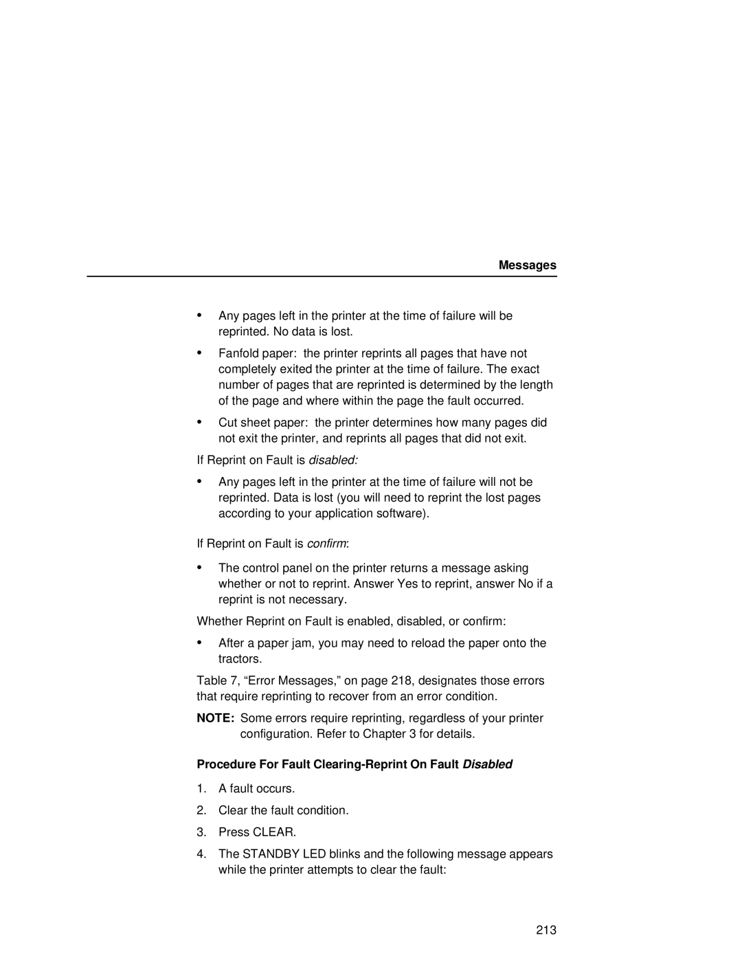 Printronix L5035 user manual Messages, Procedure For Fault Clearing-Reprint On Fault Disabled 