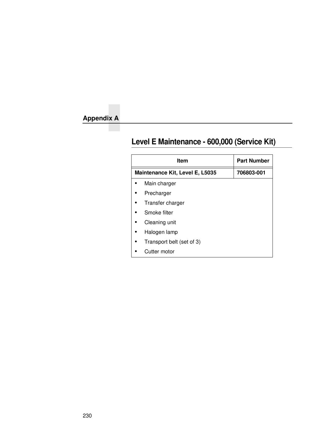 Printronix user manual Level E Maintenance 600,000 Service Kit, Part Number Maintenance Kit, Level E, L5035 706803-001 