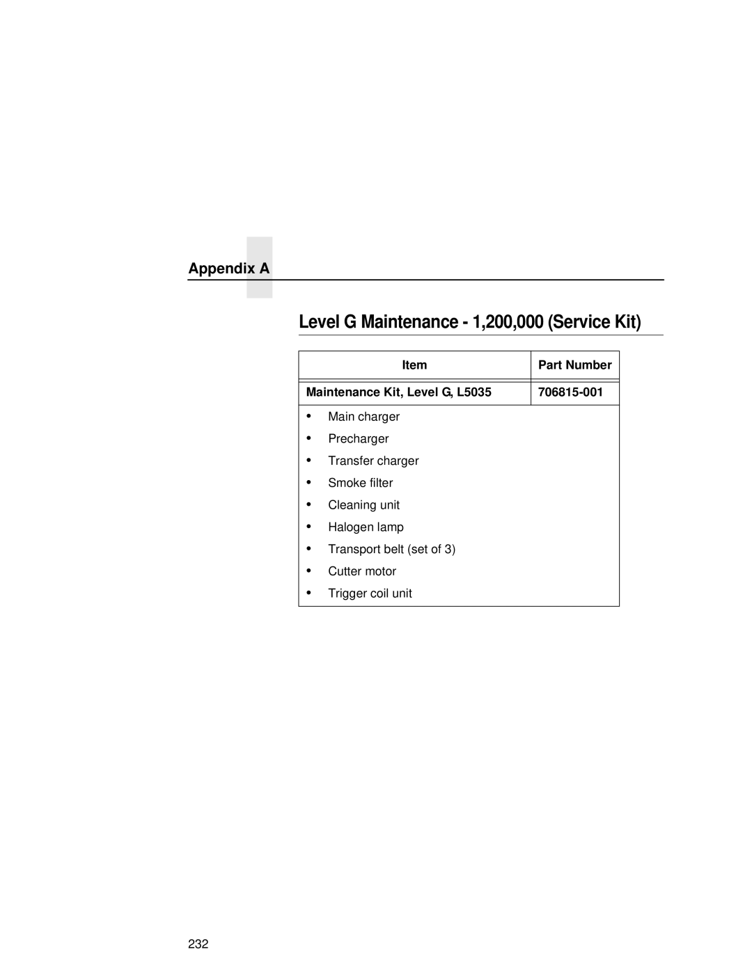 Printronix user manual Level G Maintenance 1,200,000 Service Kit, Part Number Maintenance Kit, Level G, L5035 706815-001 