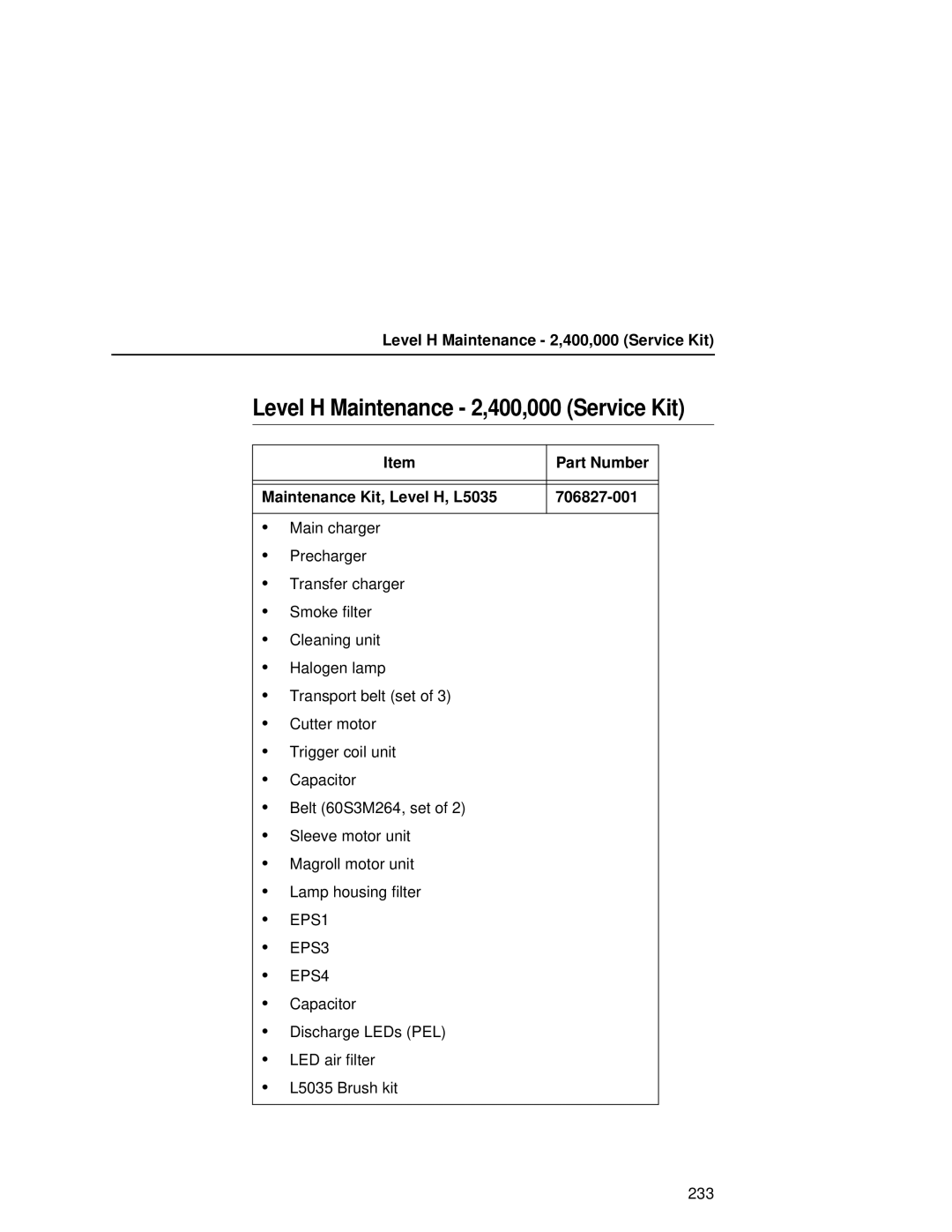 Printronix user manual Level H Maintenance 2,400,000 Service Kit, Part Number Maintenance Kit, Level H, L5035 706827-001 