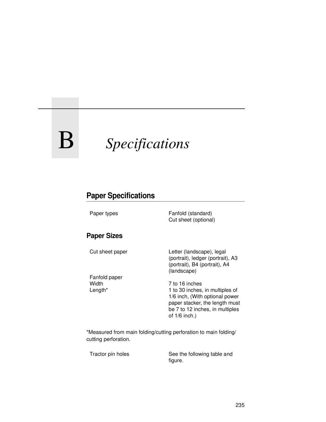 Printronix L5035 user manual Paper Specifications, Paper Sizes 