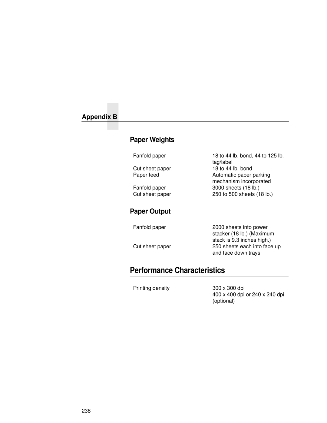 Printronix L5035 user manual Performance Characteristics, Paper Weights, Paper Output 