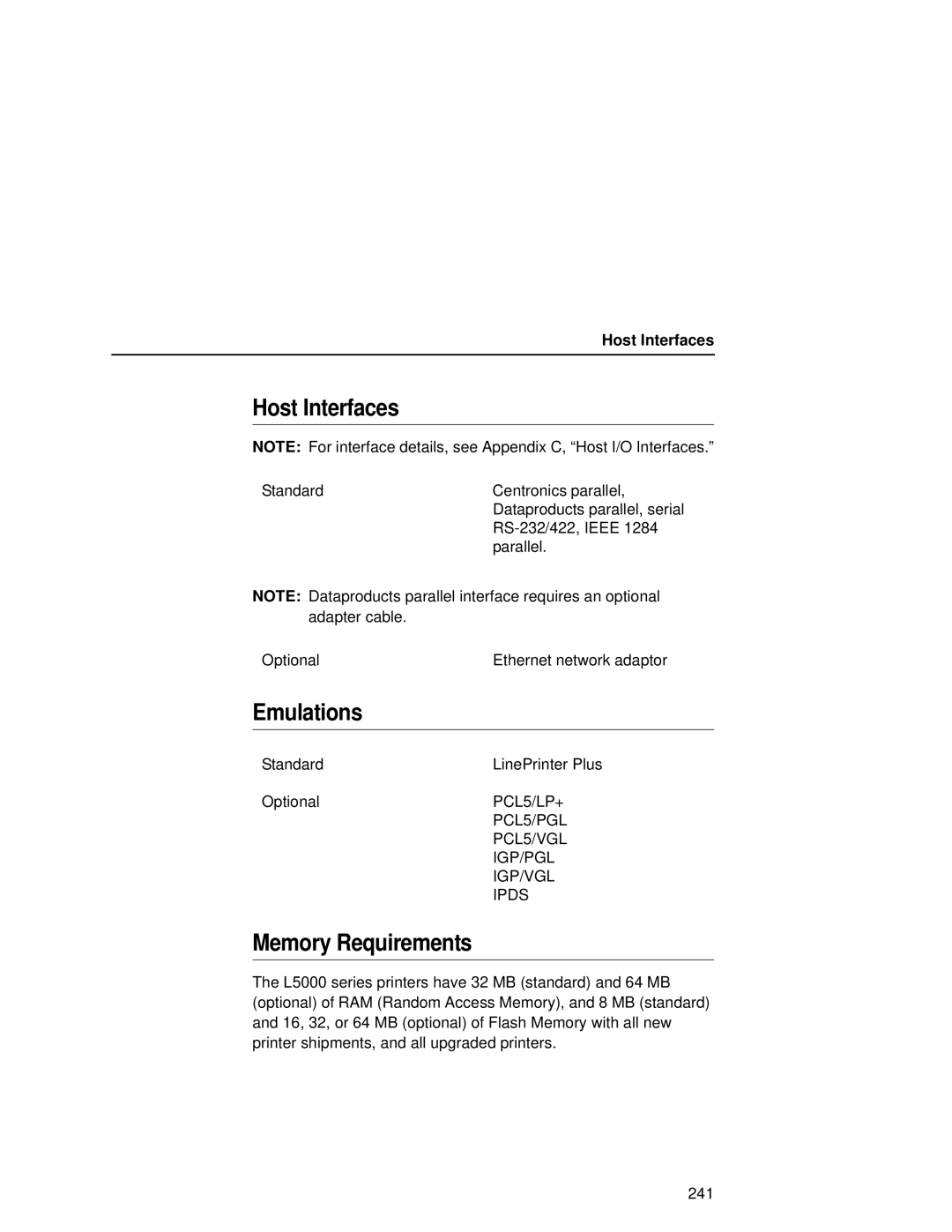 Printronix L5035 user manual Host Interfaces, Memory Requirements 