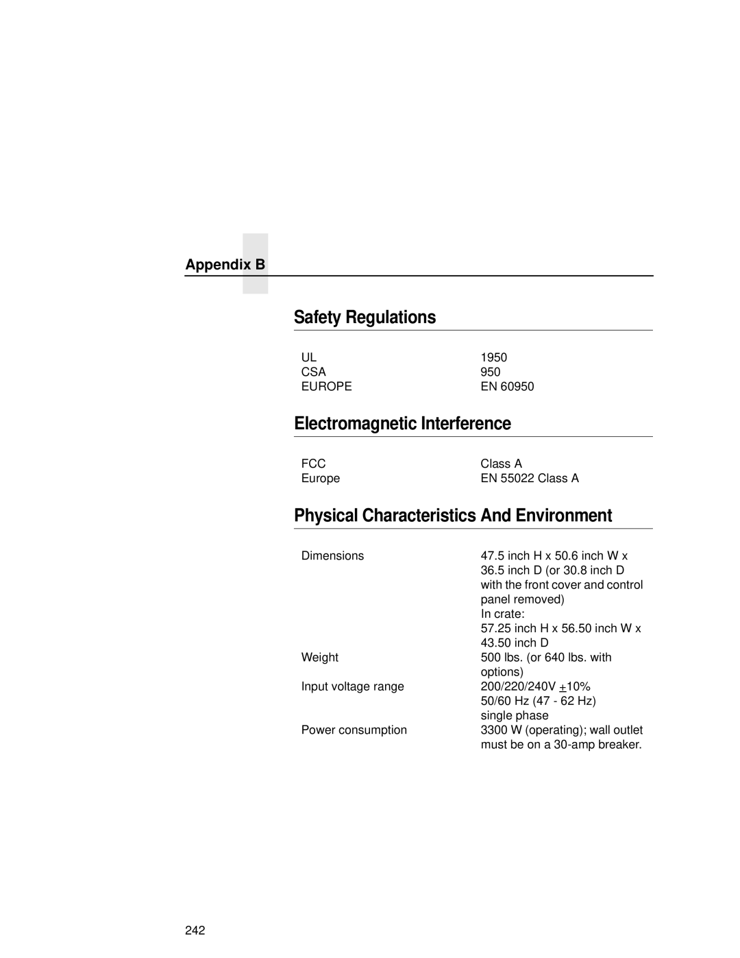 Printronix L5035 user manual Safety Regulations, Electromagnetic Interference, Physical Characteristics And Environment 