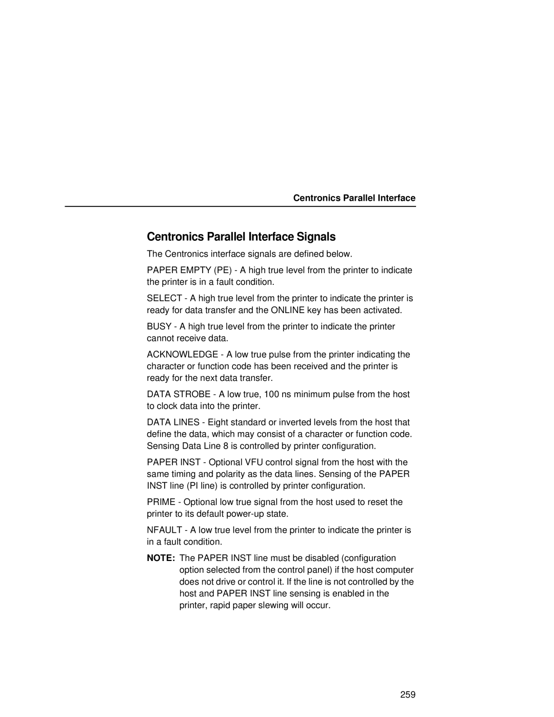 Printronix L5035 user manual Centronics Parallel Interface Signals 