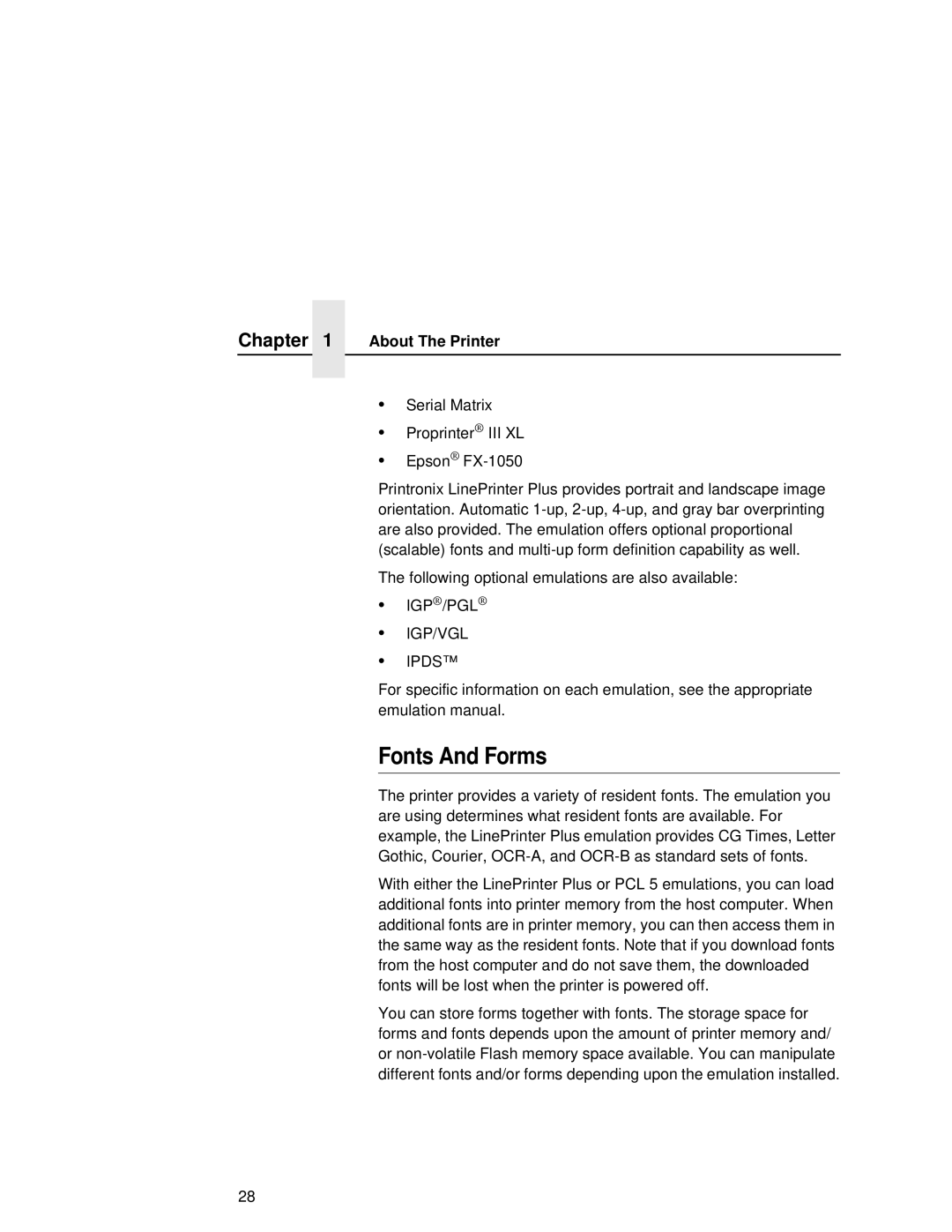 Printronix L5035 user manual Fonts And Forms, About The Printer 