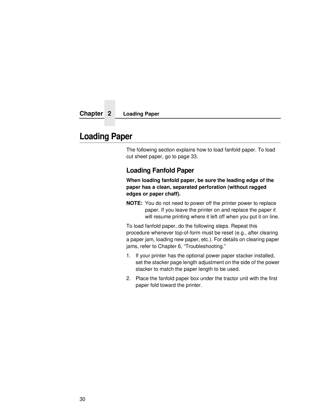 Printronix L5035 user manual Loading Paper, Loading Fanfold Paper 