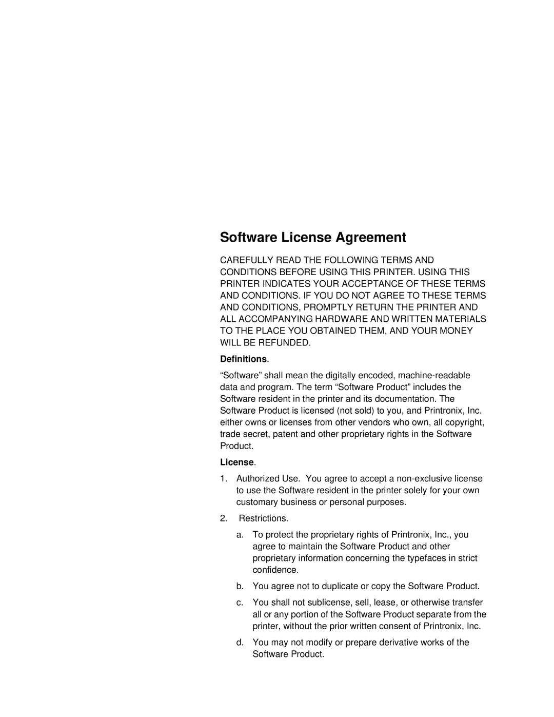 Printronix L5035 user manual Software License Agreement, Definitions 