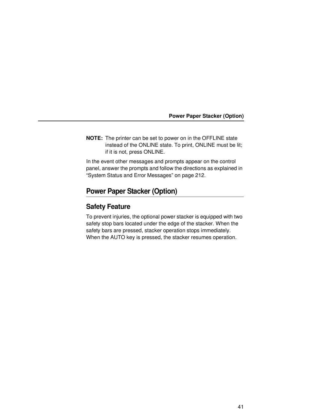 Printronix L5035 user manual Safety Feature, Power Paper Stacker Option 