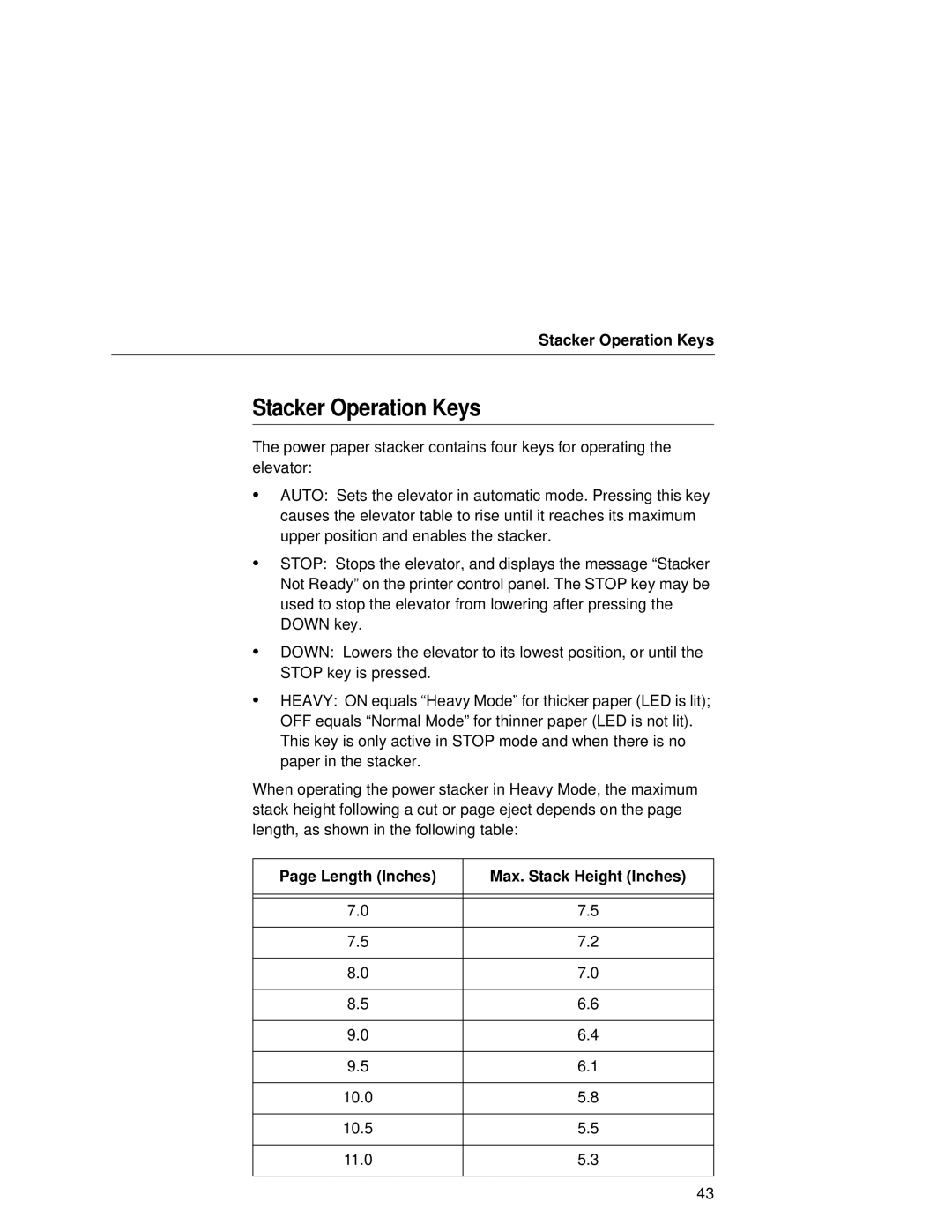 Printronix L5035 user manual Stacker Operation Keys, Length Inches Max. Stack Height Inches 