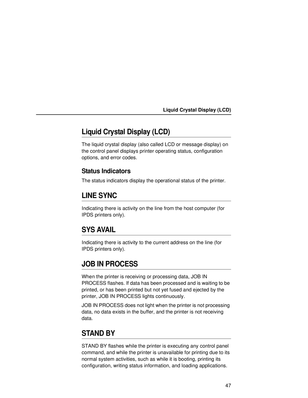 Printronix L5035 user manual Liquid Crystal Display LCD, Status Indicators 