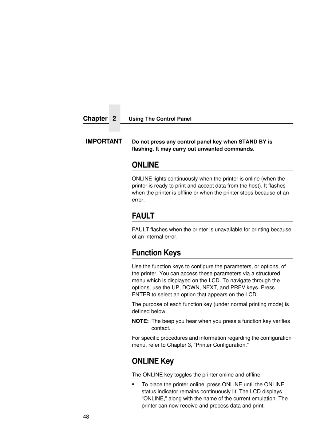 Printronix L5035 user manual Function Keys, Online Key 