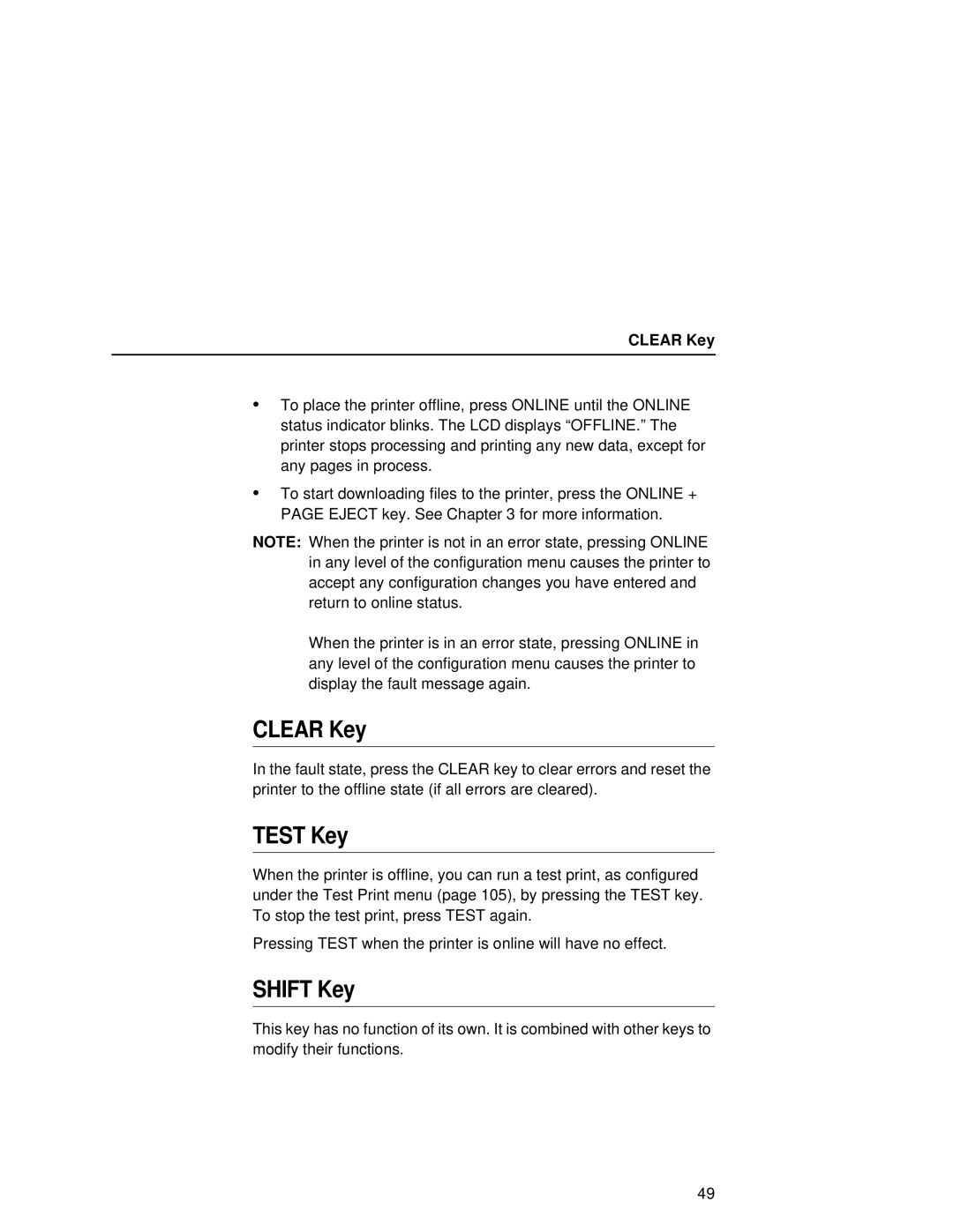 Printronix L5035 user manual Clear Key, Test Key, Shift Key 