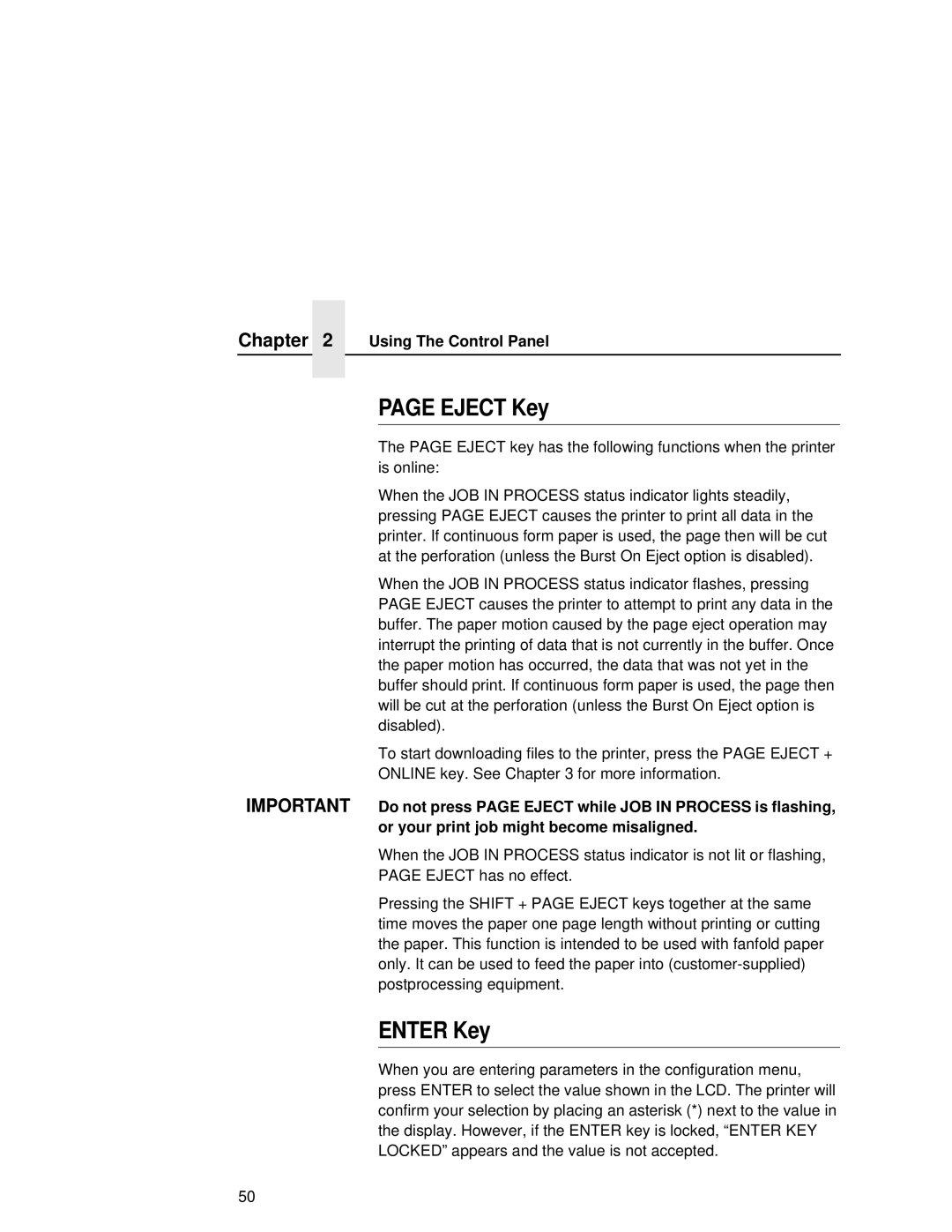 Printronix L5035 user manual Eject Key, Enter Key 