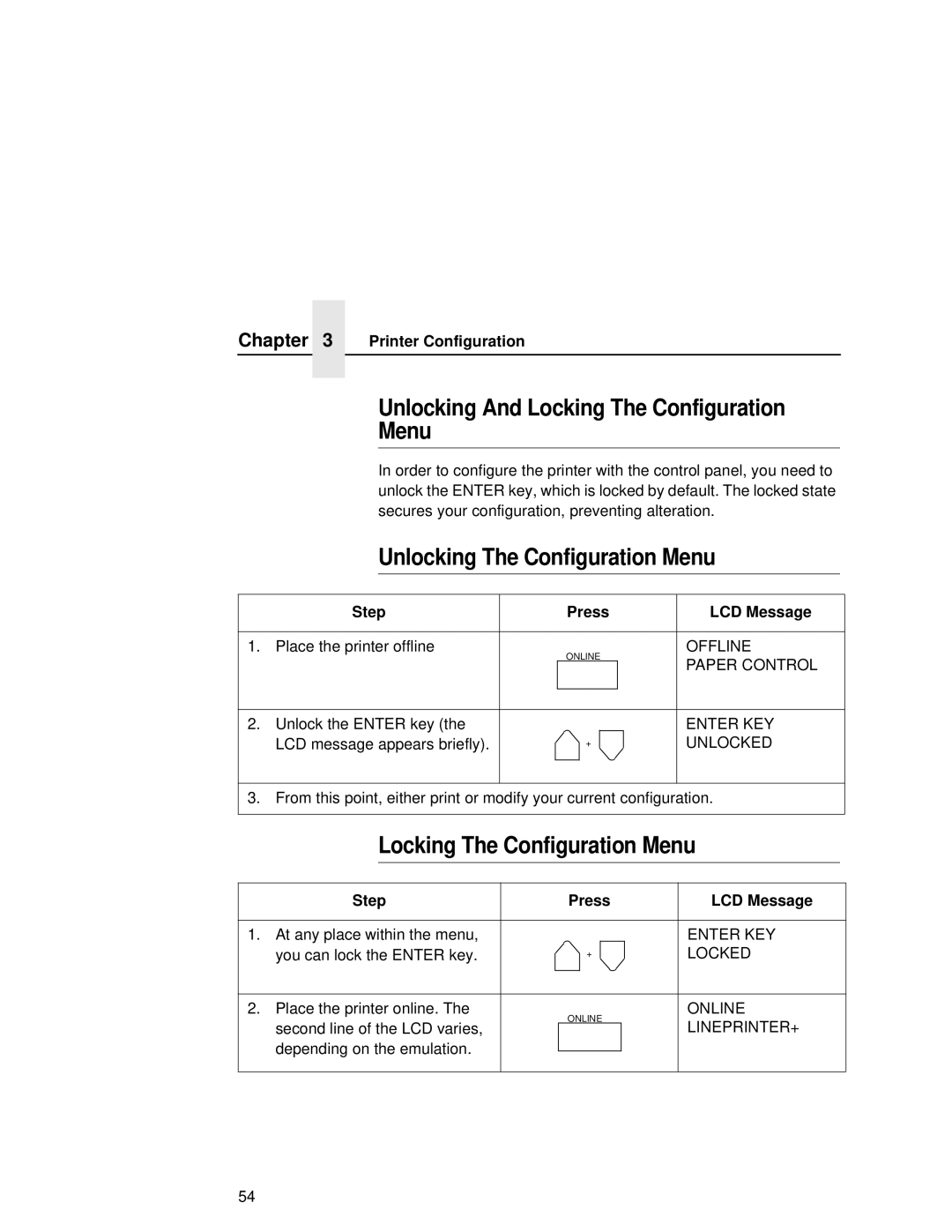 Printronix L5035 Unlocking And Locking The Configuration Menu, Unlocking The Configuration Menu, Printer Configuration 