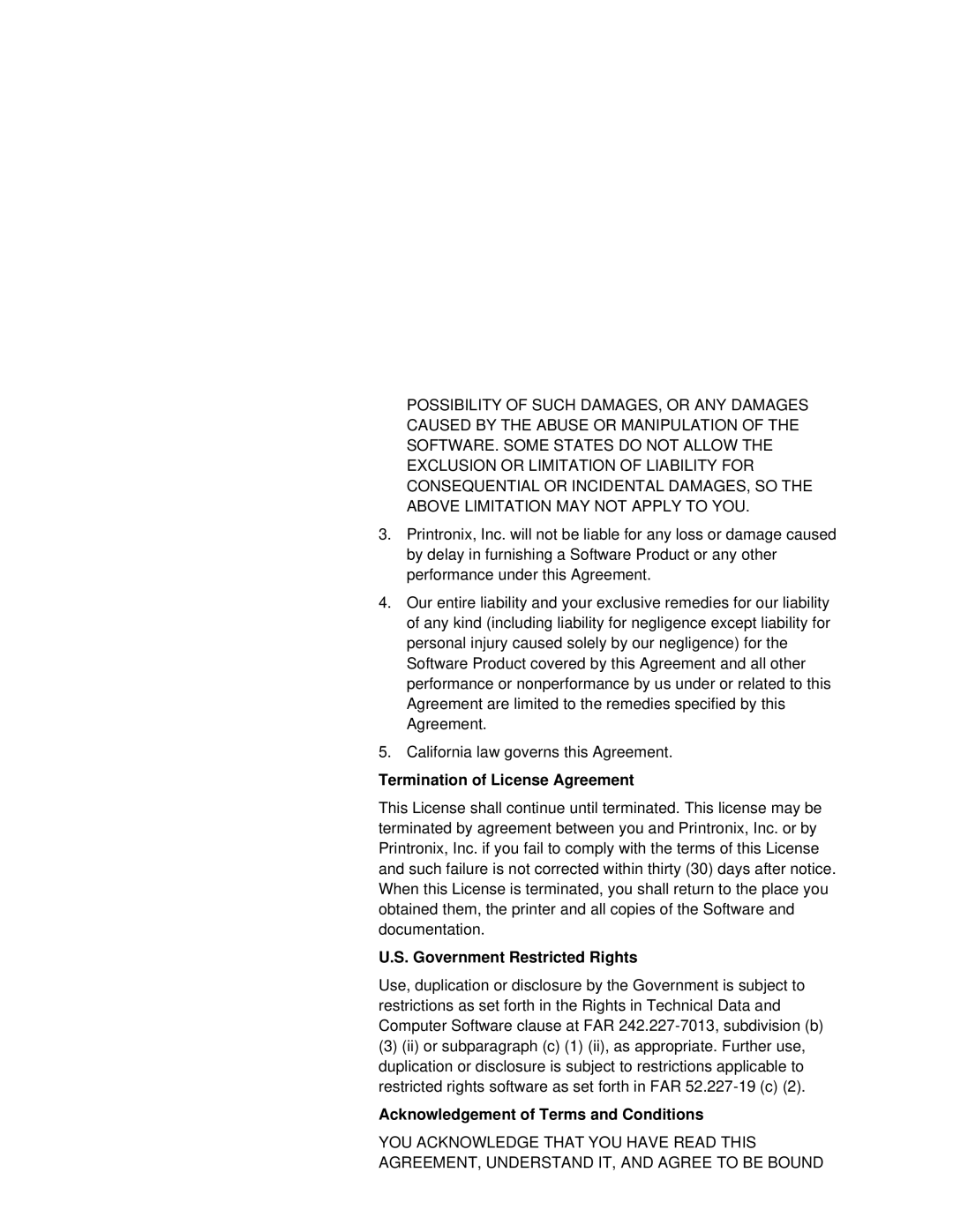 Printronix L5035 Termination of License Agreement, Government Restricted Rights, Acknowledgement of Terms and Conditions 