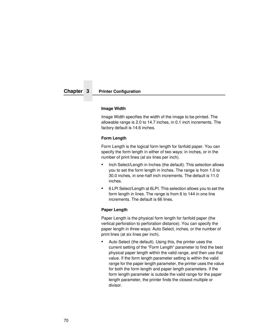 Printronix L5035 user manual Printer Configuration Image Width, Form Length, Paper Length 