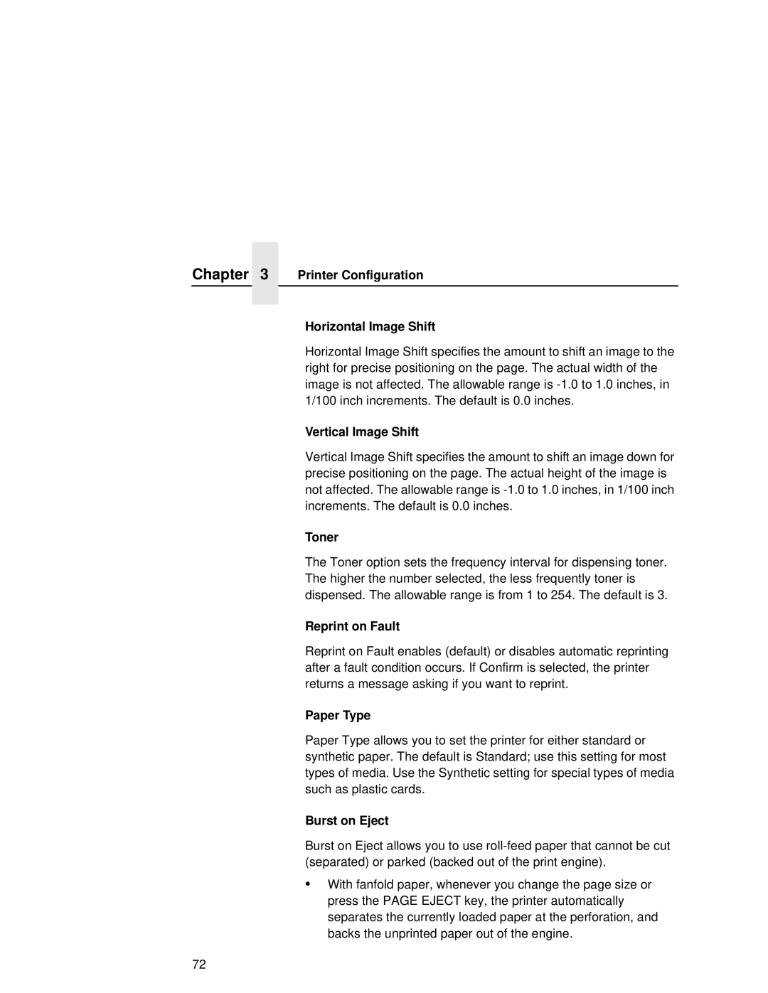 Printronix L5035 Printer Configuration Horizontal Image Shift, Vertical Image Shift, Toner, Reprint on Fault, Paper Type 