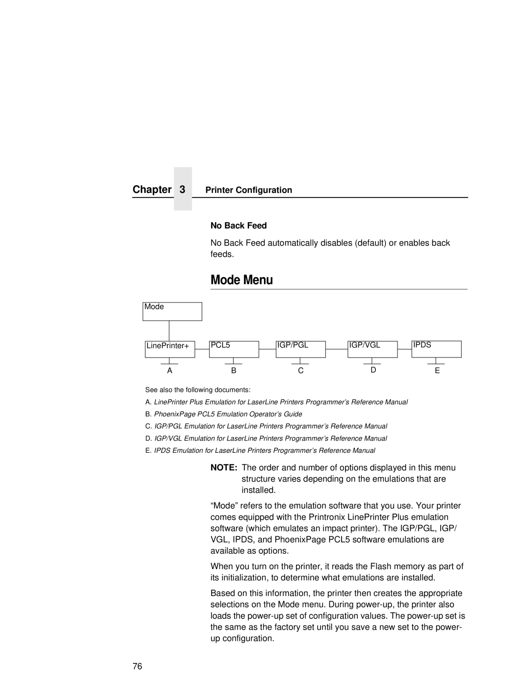 Printronix L5035 user manual Mode Menu, Printer Configuration No Back Feed 