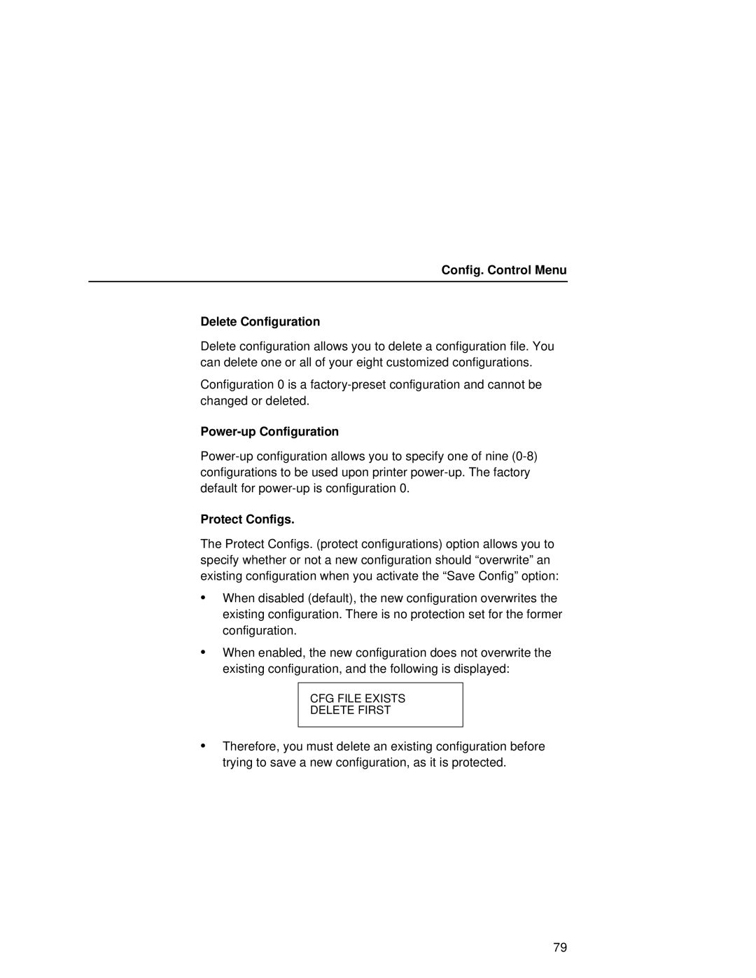 Printronix L5035 user manual Config. Control Menu Delete Configuration, Power-up Configuration, Protect Configs 