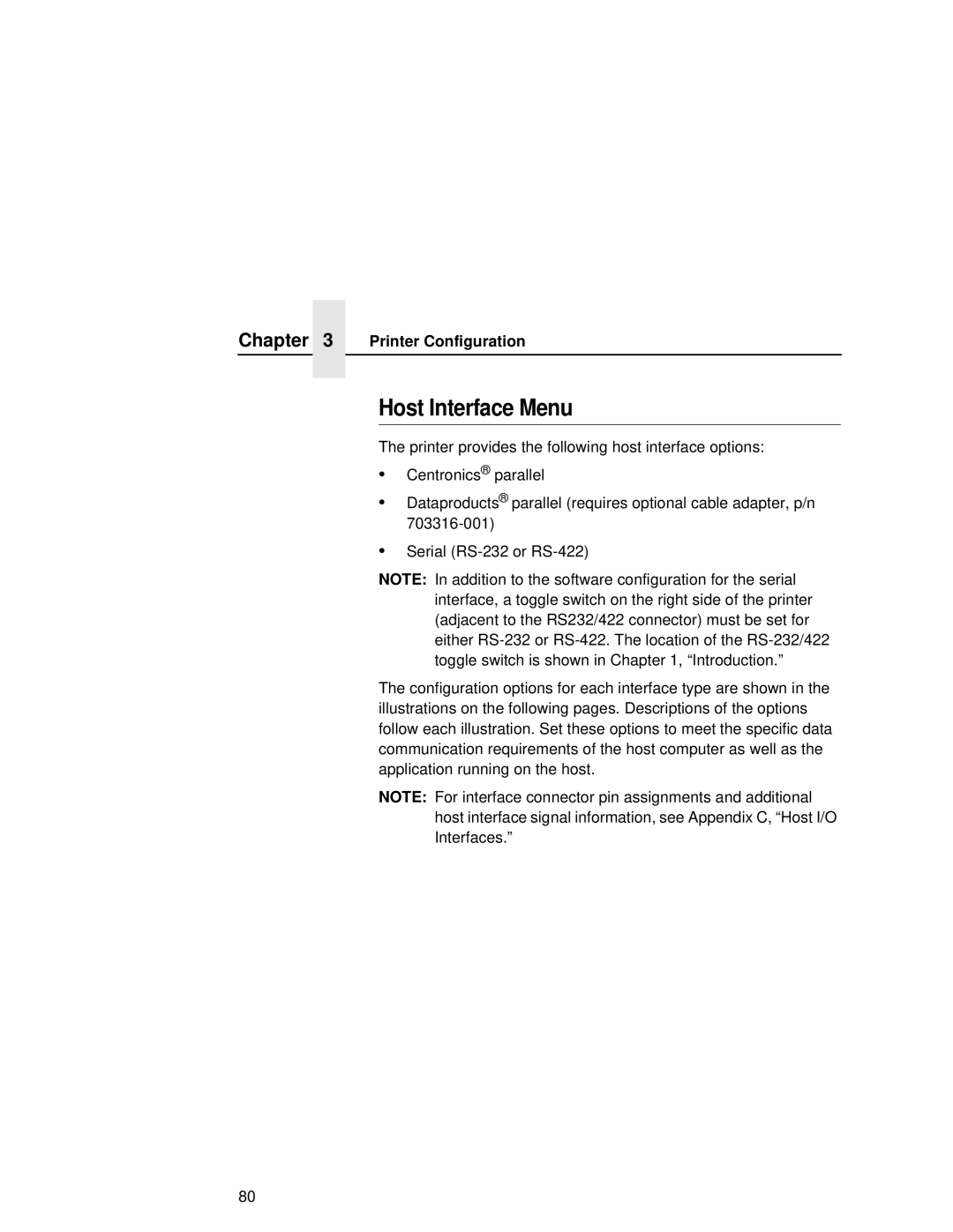 Printronix L5035 user manual Host Interface Menu, Printer Configuration 