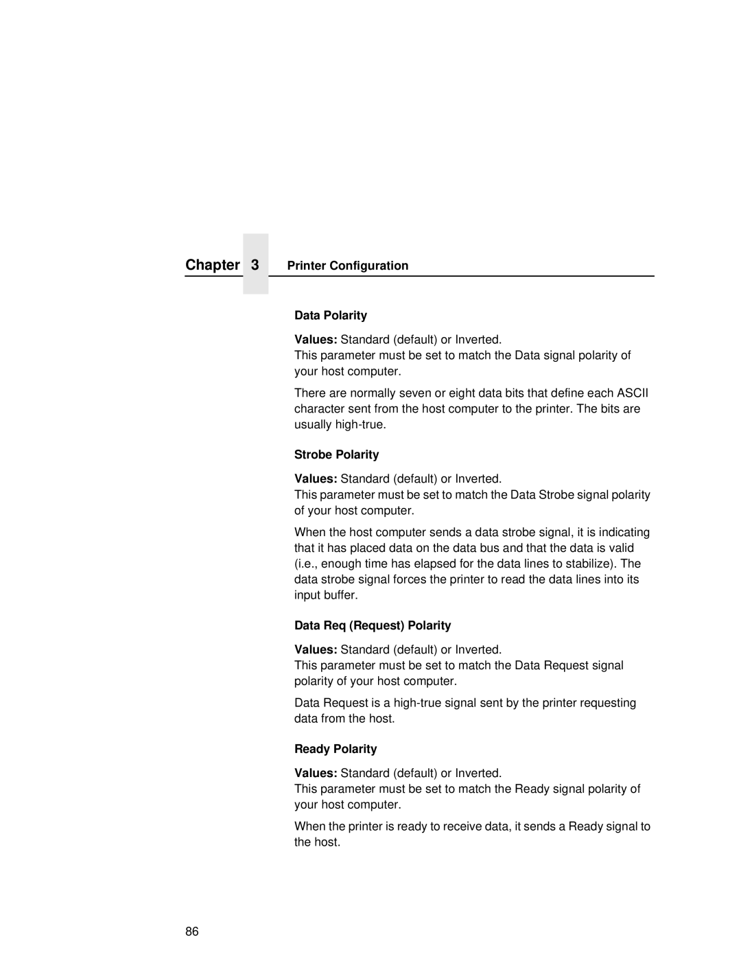 Printronix L5035 user manual Printer Configuration Data Polarity, Data Req Request Polarity, Ready Polarity 