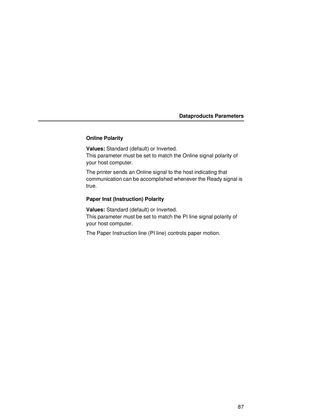 Printronix L5035 user manual Dataproducts Parameters Online Polarity, Paper Inst Instruction Polarity 