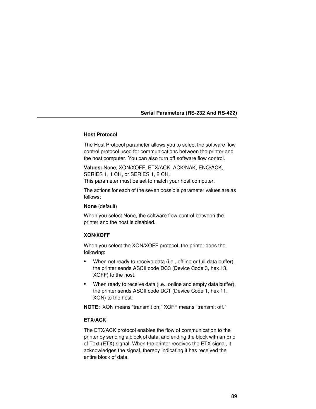 Printronix L5035 user manual Serial Parameters RS-232 And RS-422 Host Protocol, Xon/Xoff 