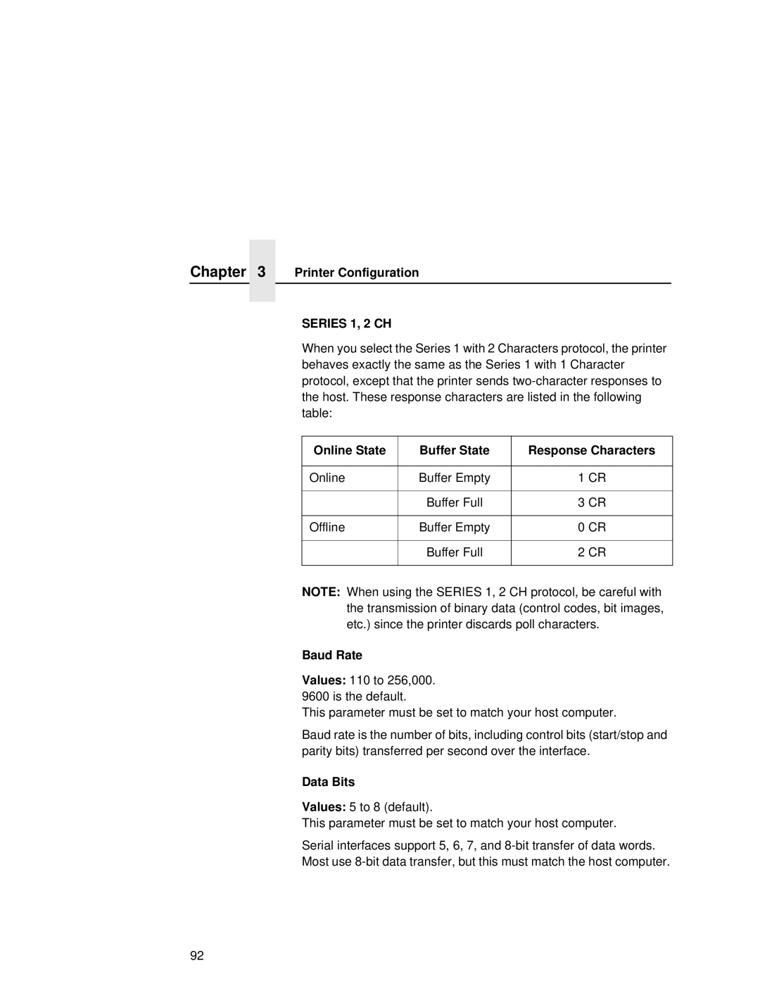 Printronix L5035 user manual Online State Buffer State Response Characters, Baud Rate, Data Bits 