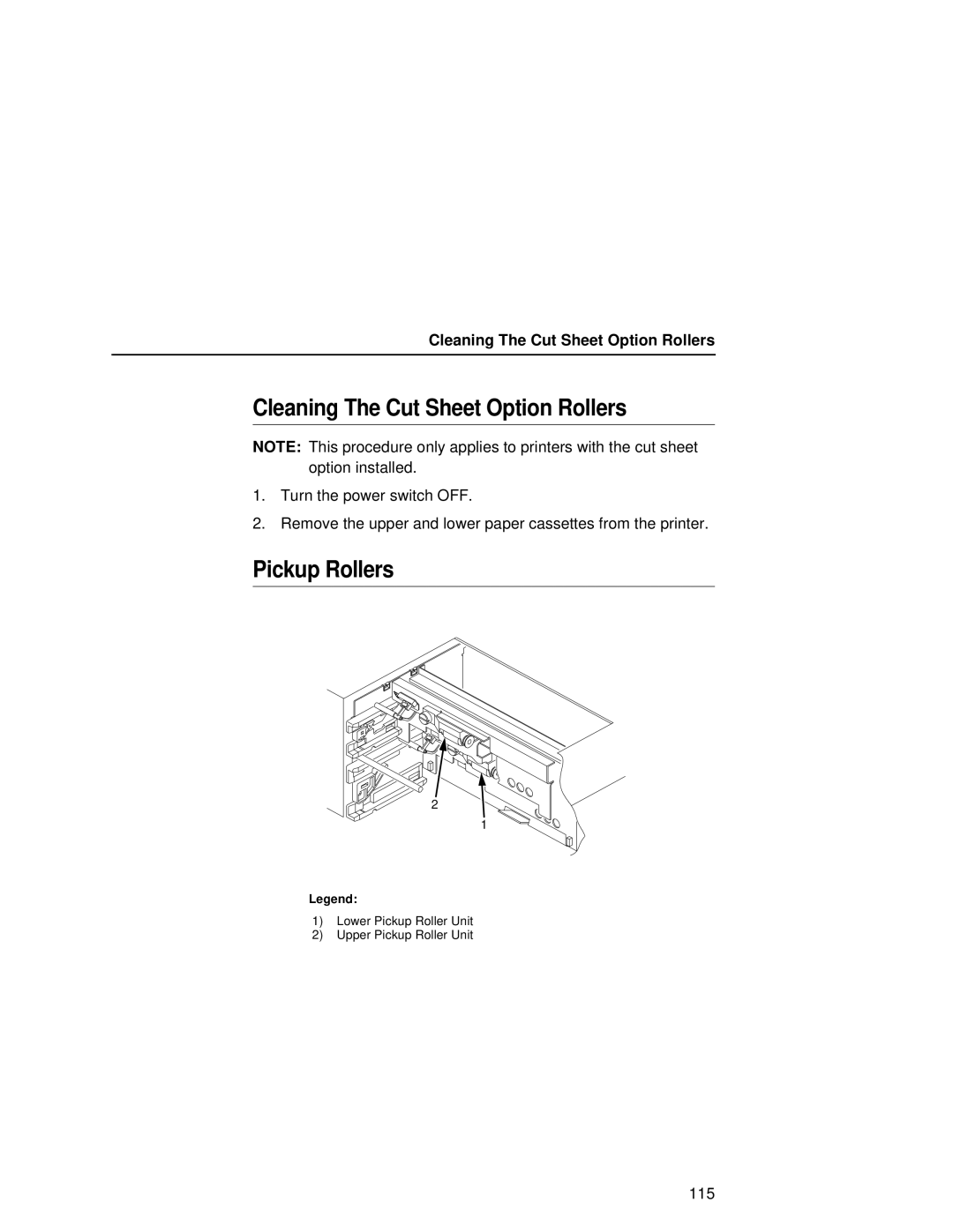 Printronix L5535 manual Cleaning The Cut Sheet Option Rollers, Pickup Rollers 