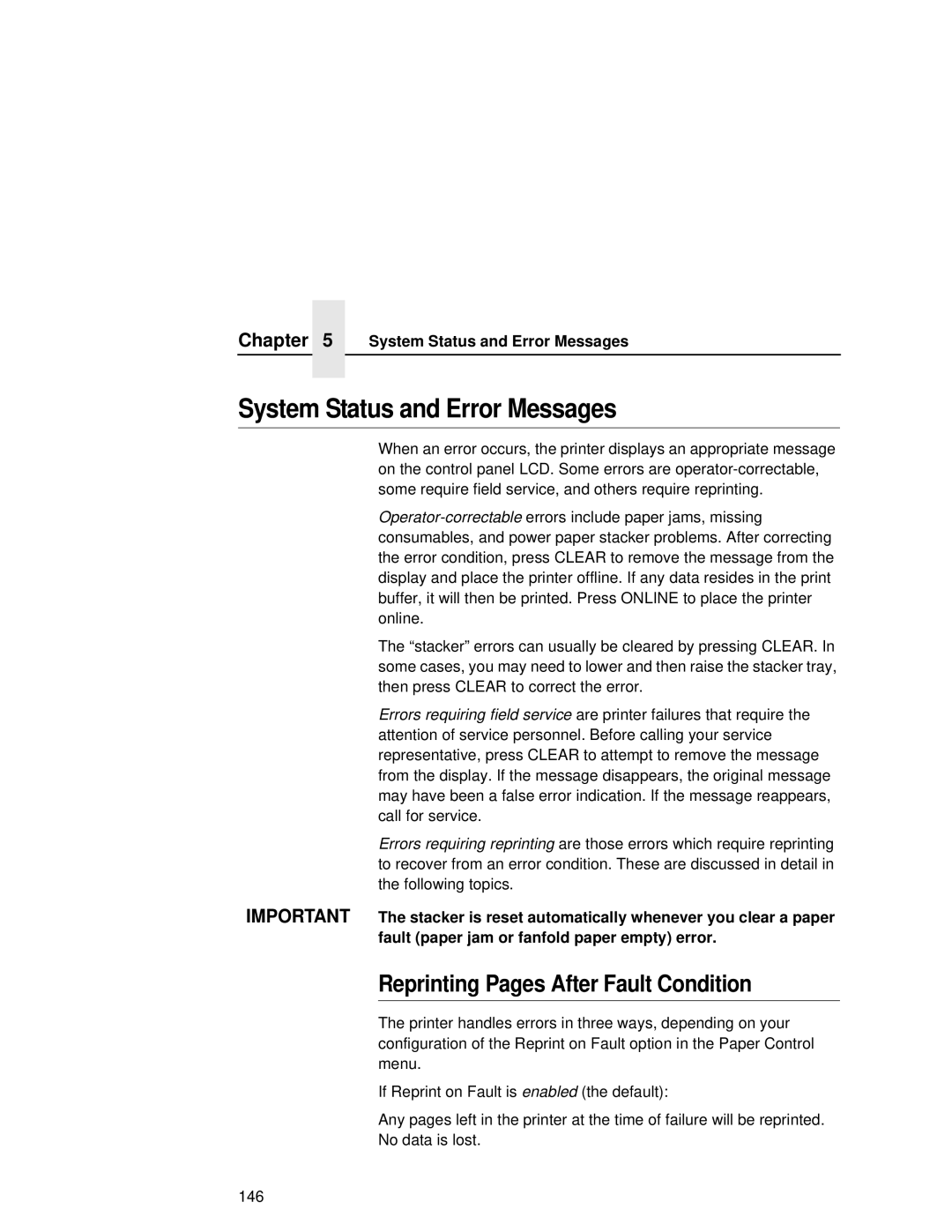 Printronix L5535 manual System Status and Error Messages, Reprinting Pages After Fault Condition 