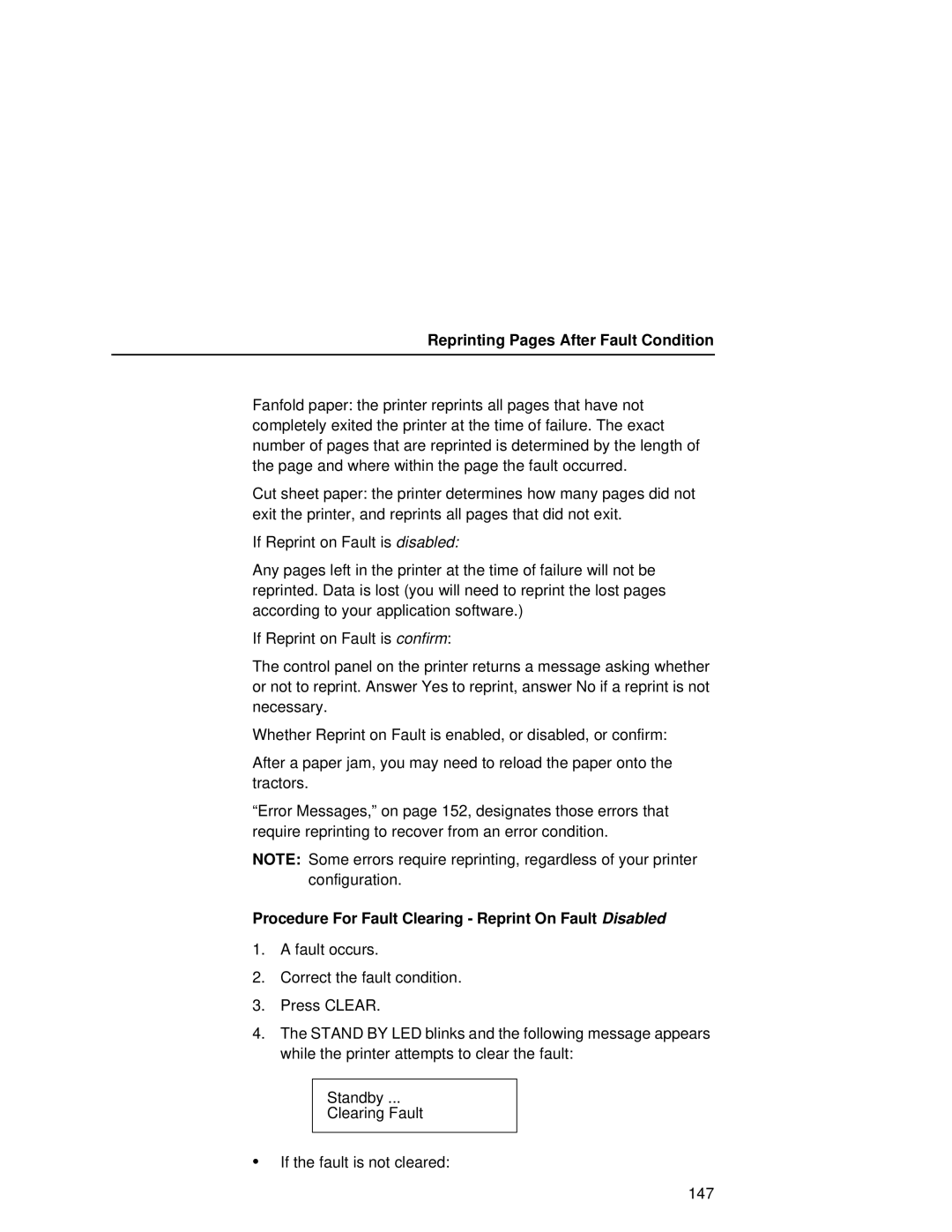 Printronix L5535 manual Reprinting Pages After Fault Condition, Procedure For Fault Clearing Reprint On Fault Disabled 