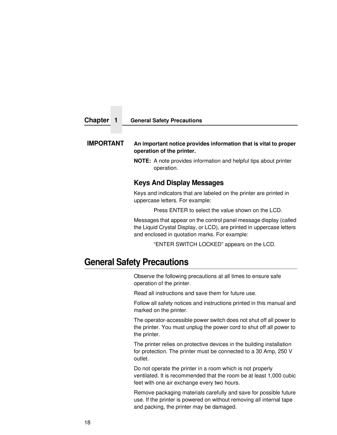 Printronix L5535 manual General Safety Precautions, Keys And Display Messages 