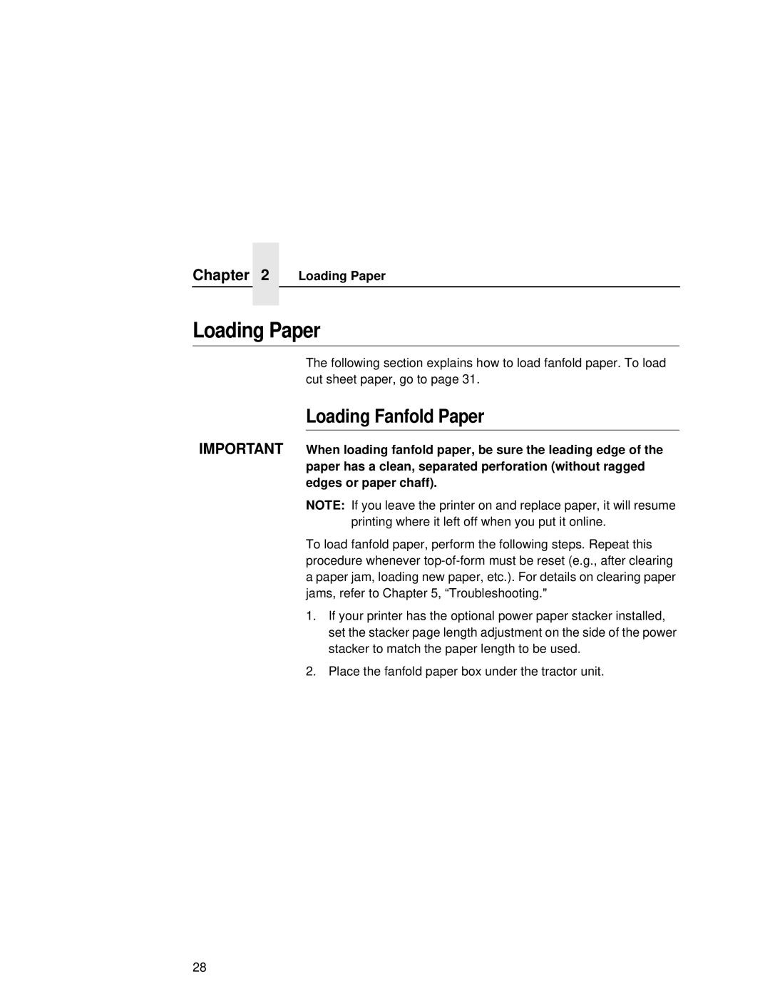 Printronix L5535 manual Loading Paper, Loading Fanfold Paper 