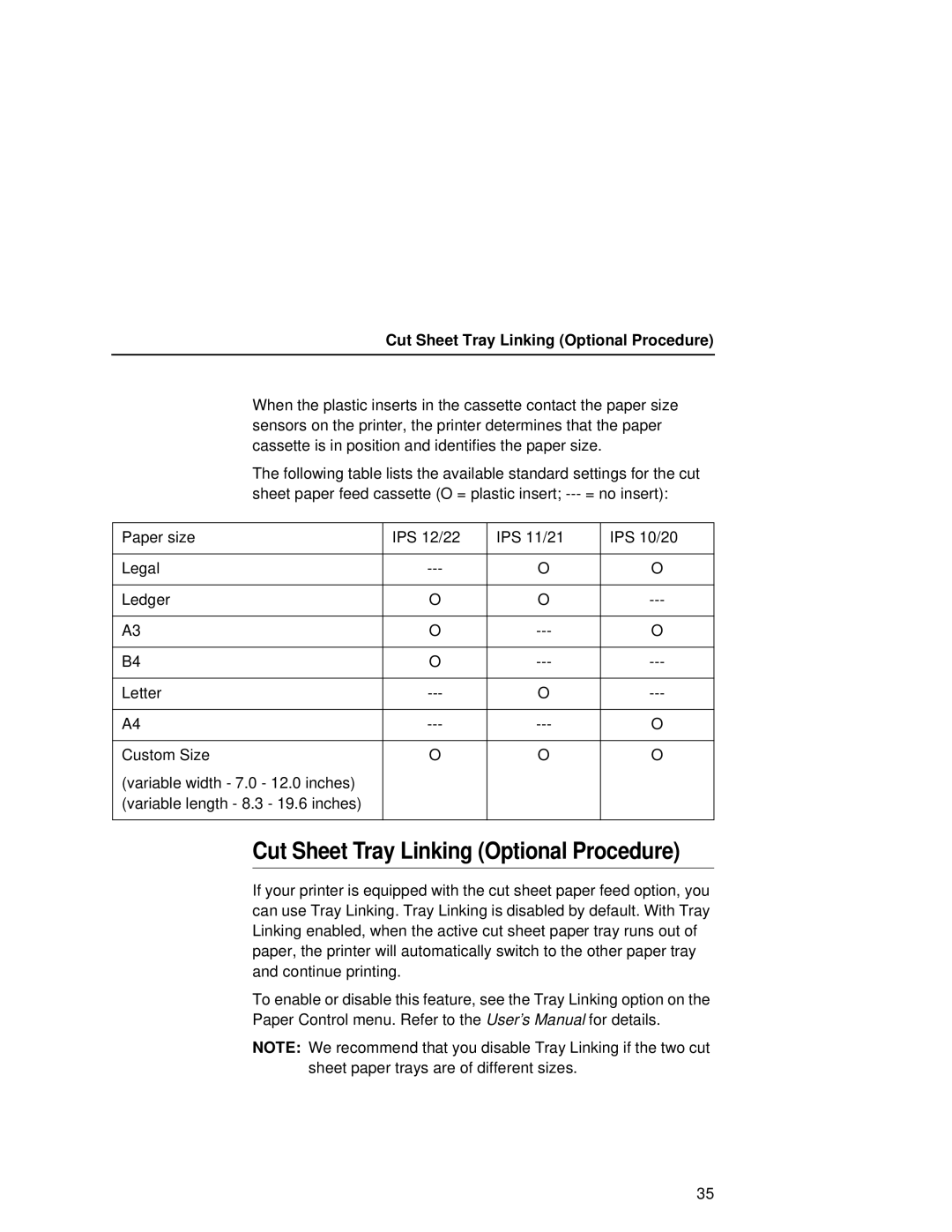 Printronix L5535 manual Cut Sheet Tray Linking Optional Procedure 