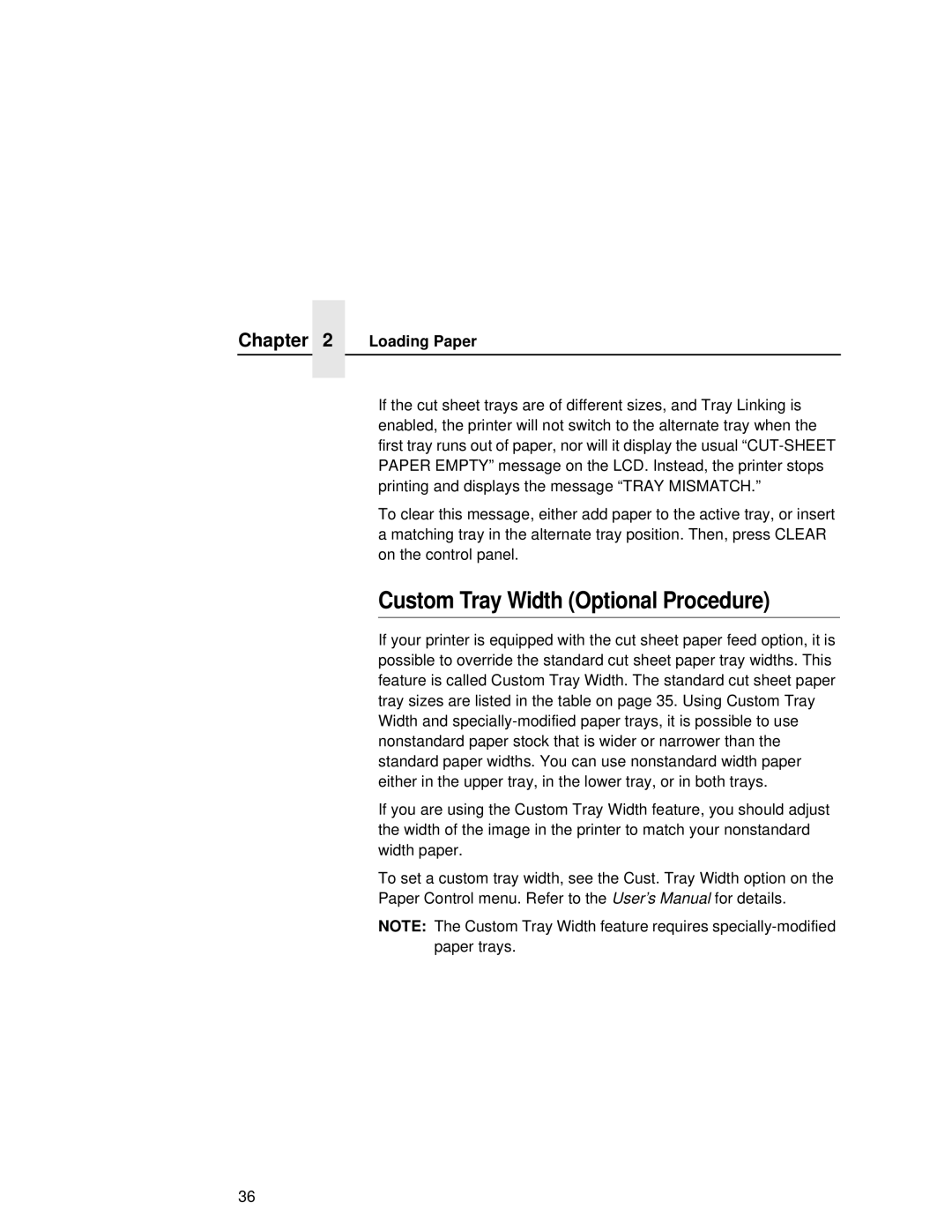 Printronix L5535 manual Custom Tray Width Optional Procedure 