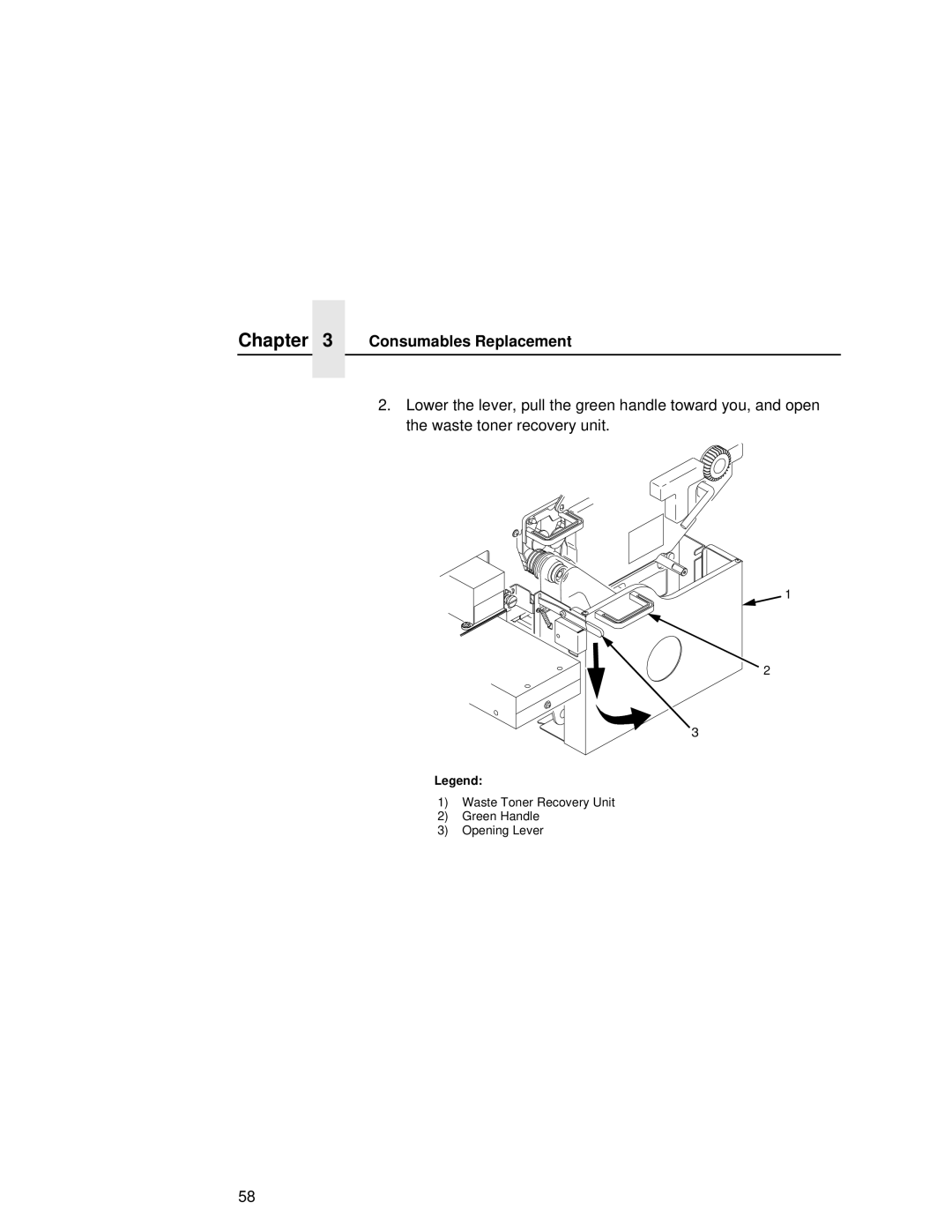 Printronix L5535 manual Waste Toner Recovery Unit Green Handle Opening Lever 
