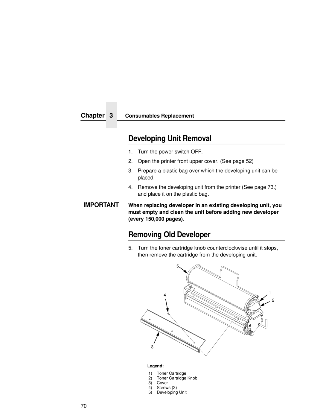 Printronix L5535 manual Developing Unit Removal, Removing Old Developer 