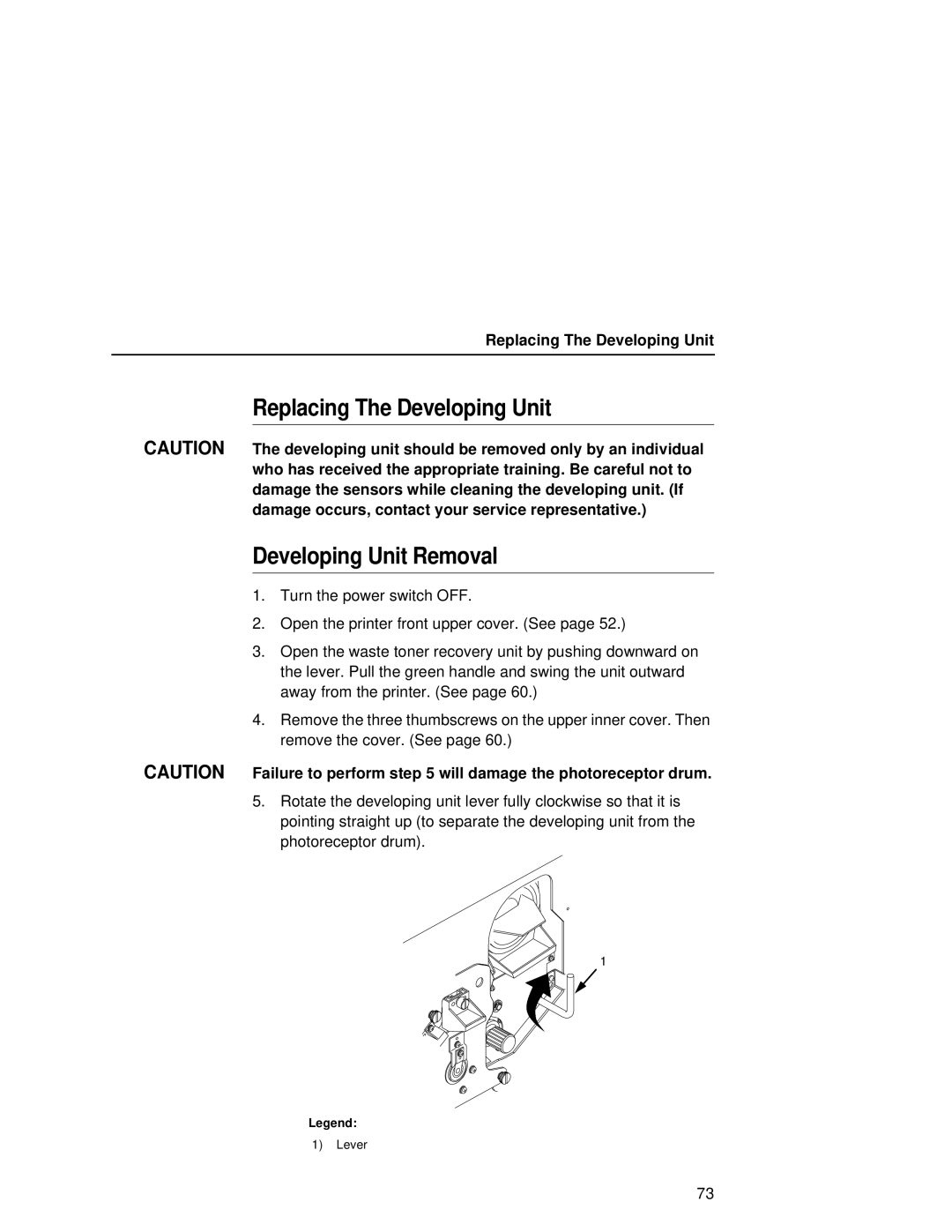 Printronix L5535 manual Replacing The Developing Unit Developing Unit Removal 